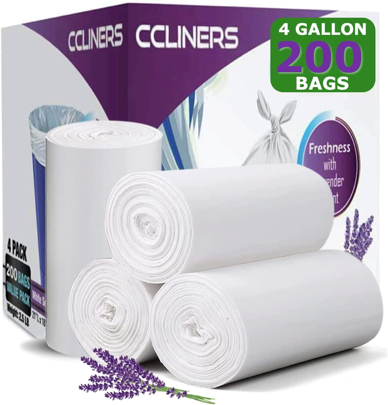 4 gallon Small Trash Bags Lavender Scented (200 Count) CCLINERS White Bathroom G
