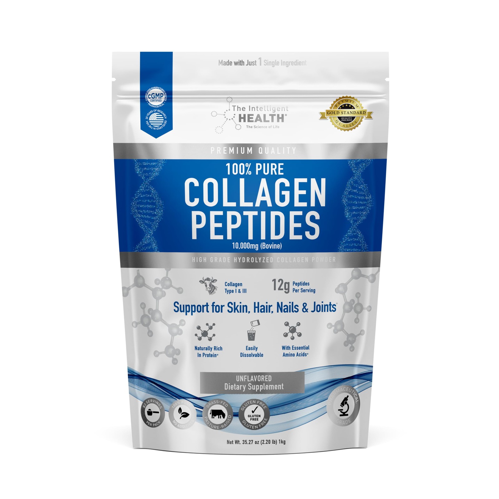 Collagen Peptides Powder 1kg Grass Fed Unflavored High Protein Clear Intelligent