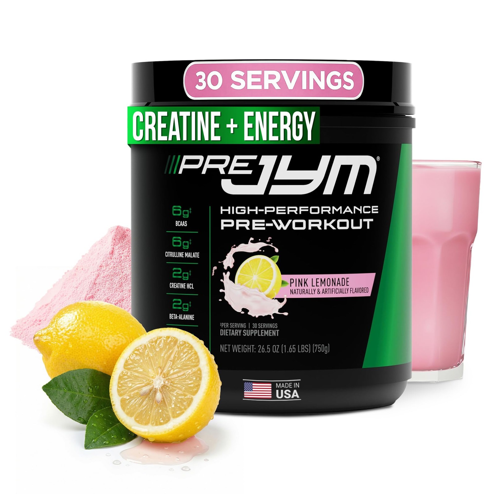 Pre Workout Powder Pink Lemonade Creatine HCI Caffeine 27.5 Oz JYM