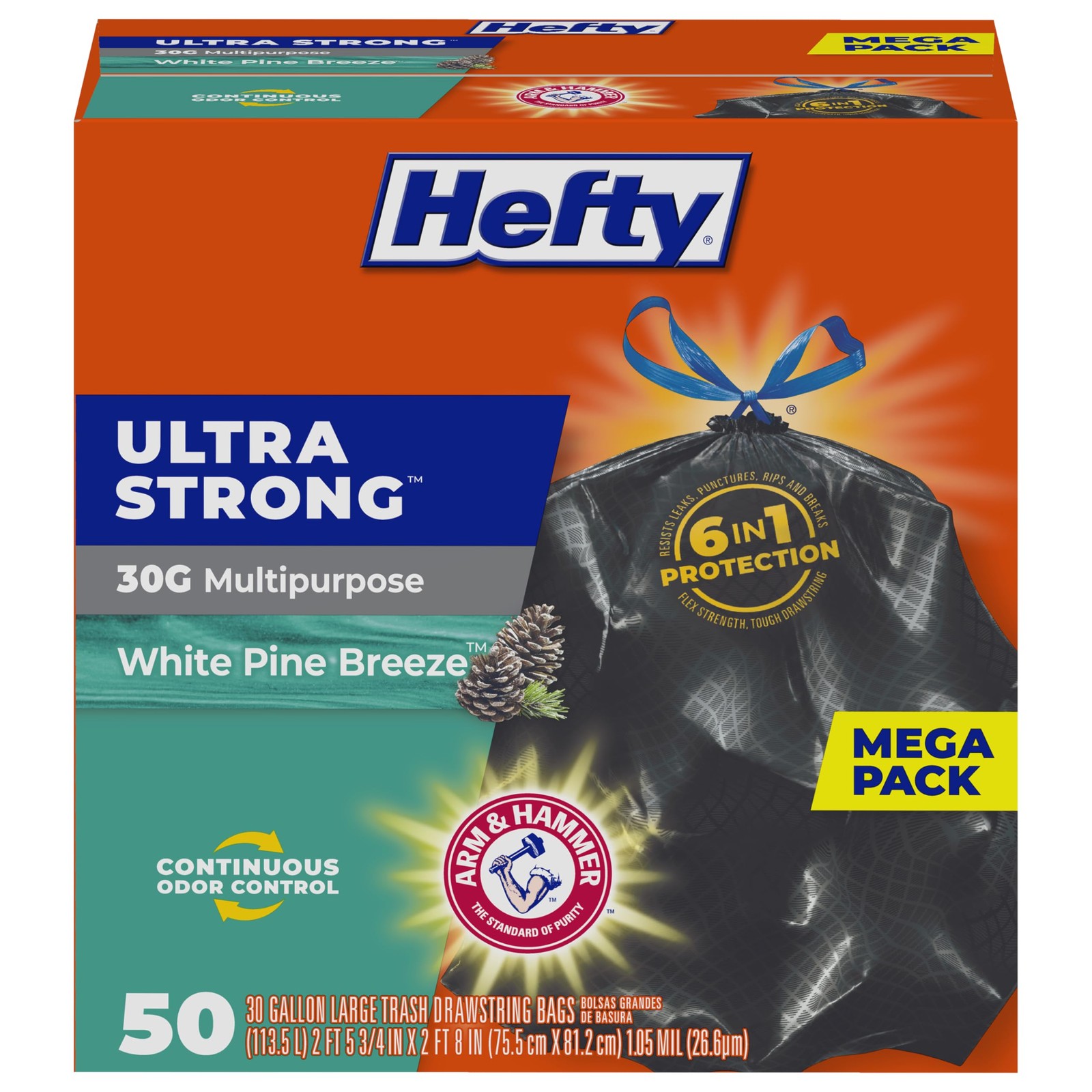 Hefty Ultra Strong 30 Gallon Trash Bags, Large 50 Count (Pack of 1), White