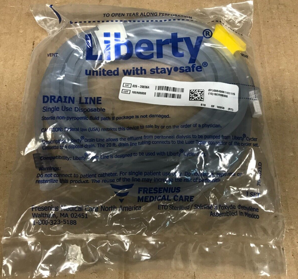 Liberty Cycler 20ft Drain Line By Fresenius Medical Care 026-20036A NEW/SEALED