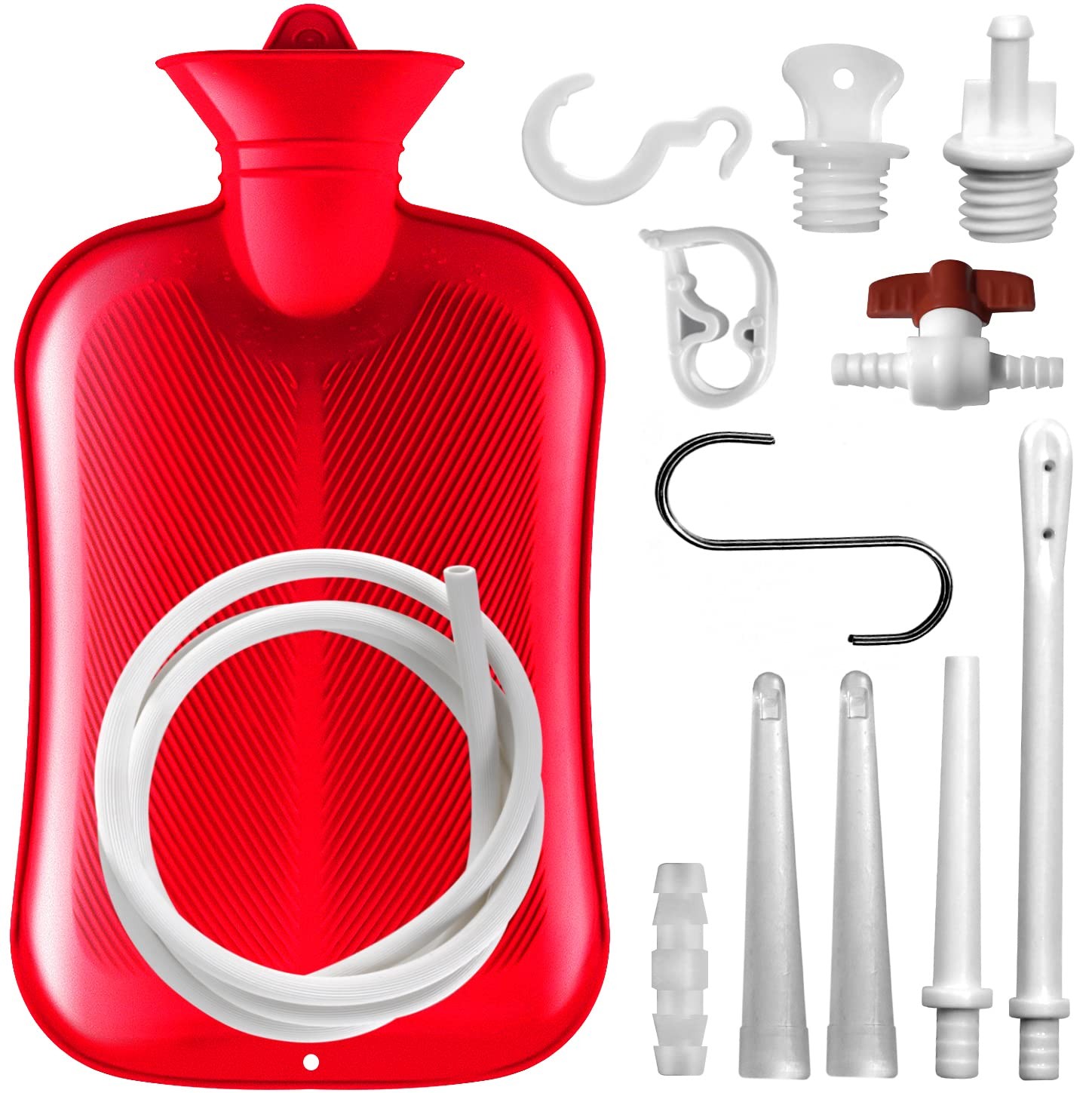 2L Red Enema Bag Kit with 3 Tips Silicone Hose 60 Inch for Home Use