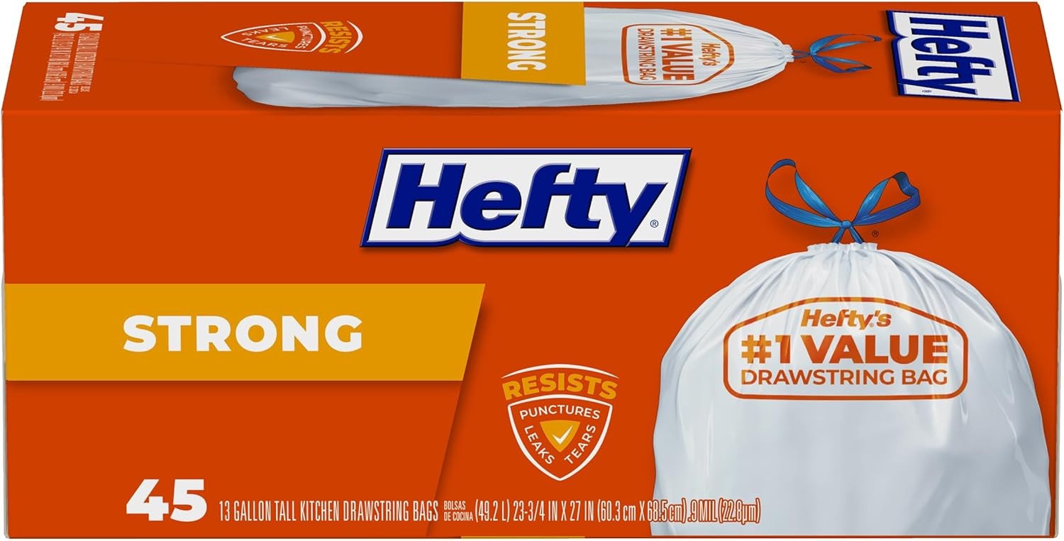 Hefty Strong Tall Kitchen Trash Bags, Unscented, 45 Count (Pack of 1), Clear