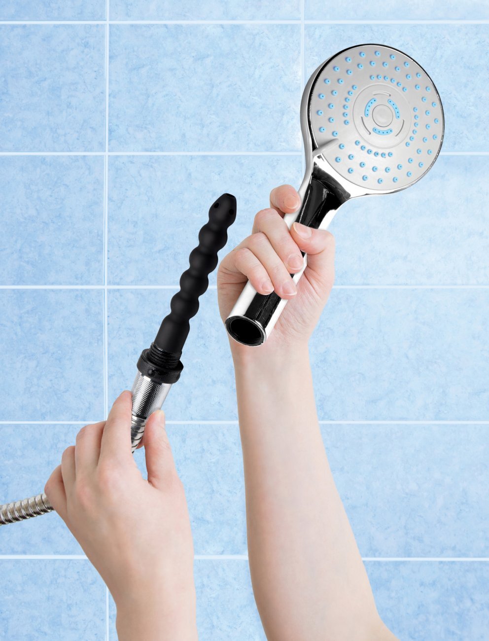 CleanStream 5 Settings Shower Head with Silicone Enema Nozzle Cleaner Silver
