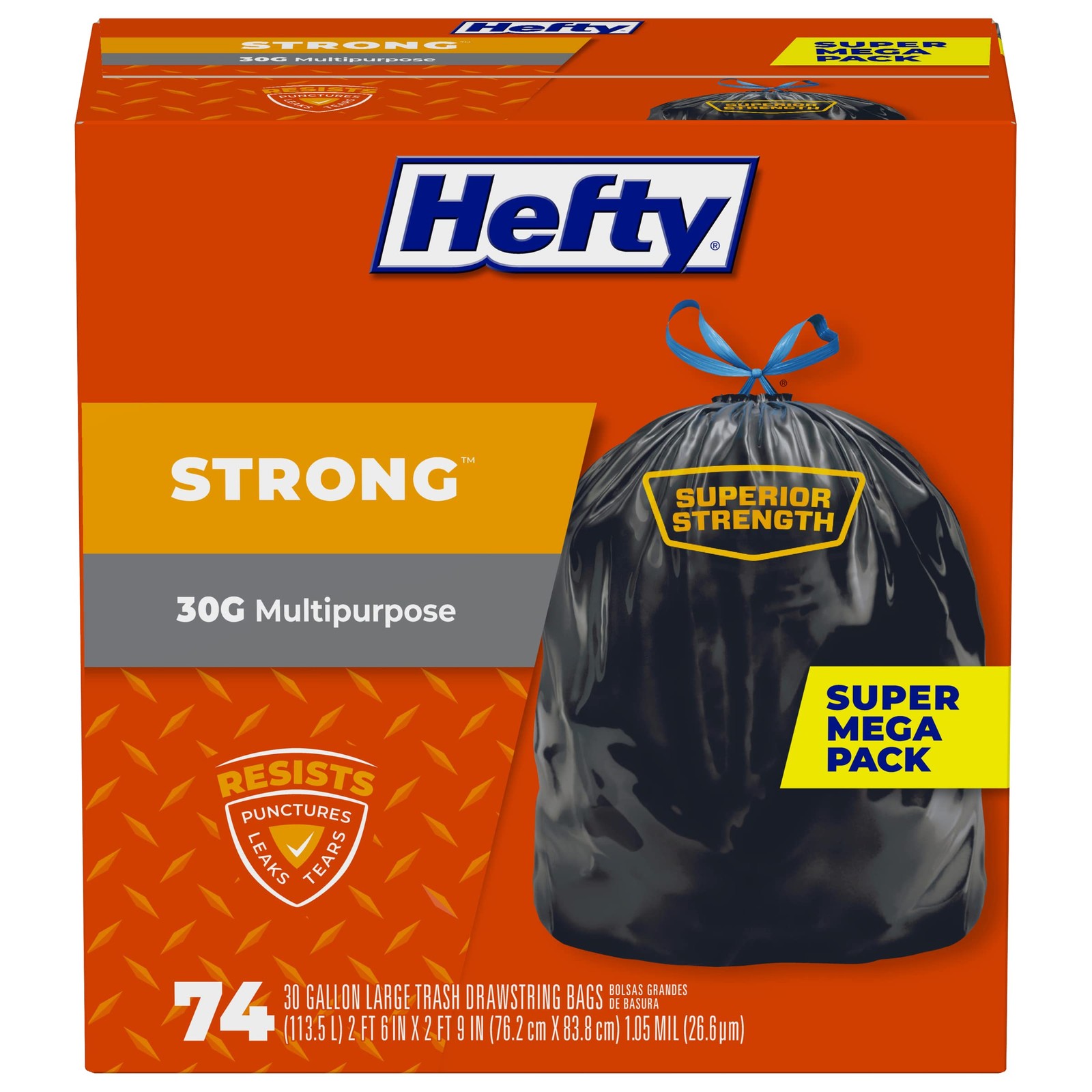Hefty Strong Large Trash Bags, Black, 30 Gallon, 74 Count (Pack of 1), Black