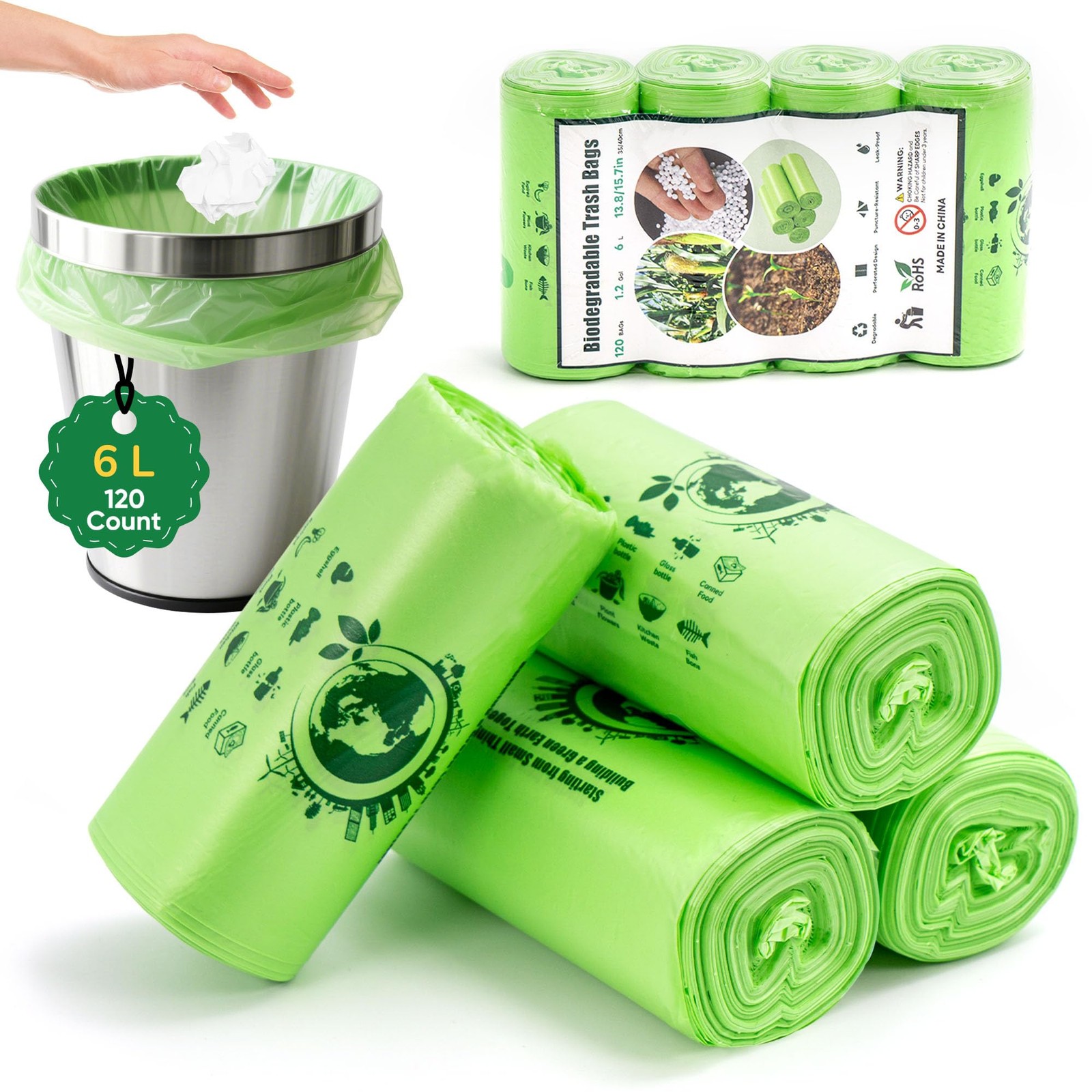 Vosyinm Small Trash Bags 1.2 Gallon, 120 Count 1 (Pack of 120), Green