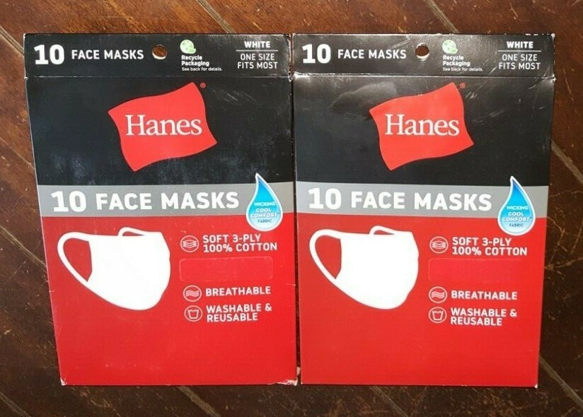2 x Hanes 10pc White Face Masks ~Breathable & Washable~ Unisex One Size