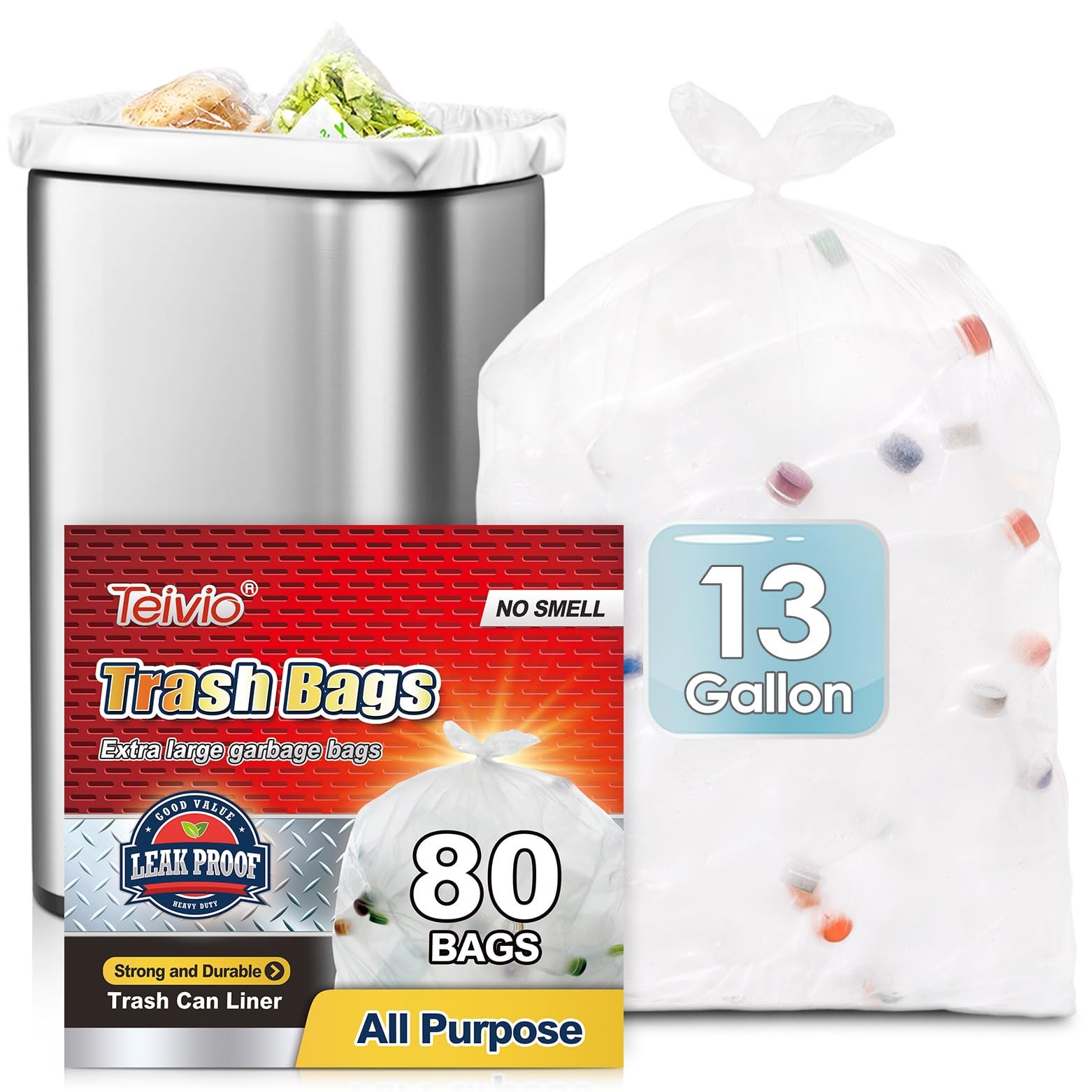 13 Gallon 80 Count Tall Kitchen Trash Bags 10 Gal 1 (Pack of 80), Clear