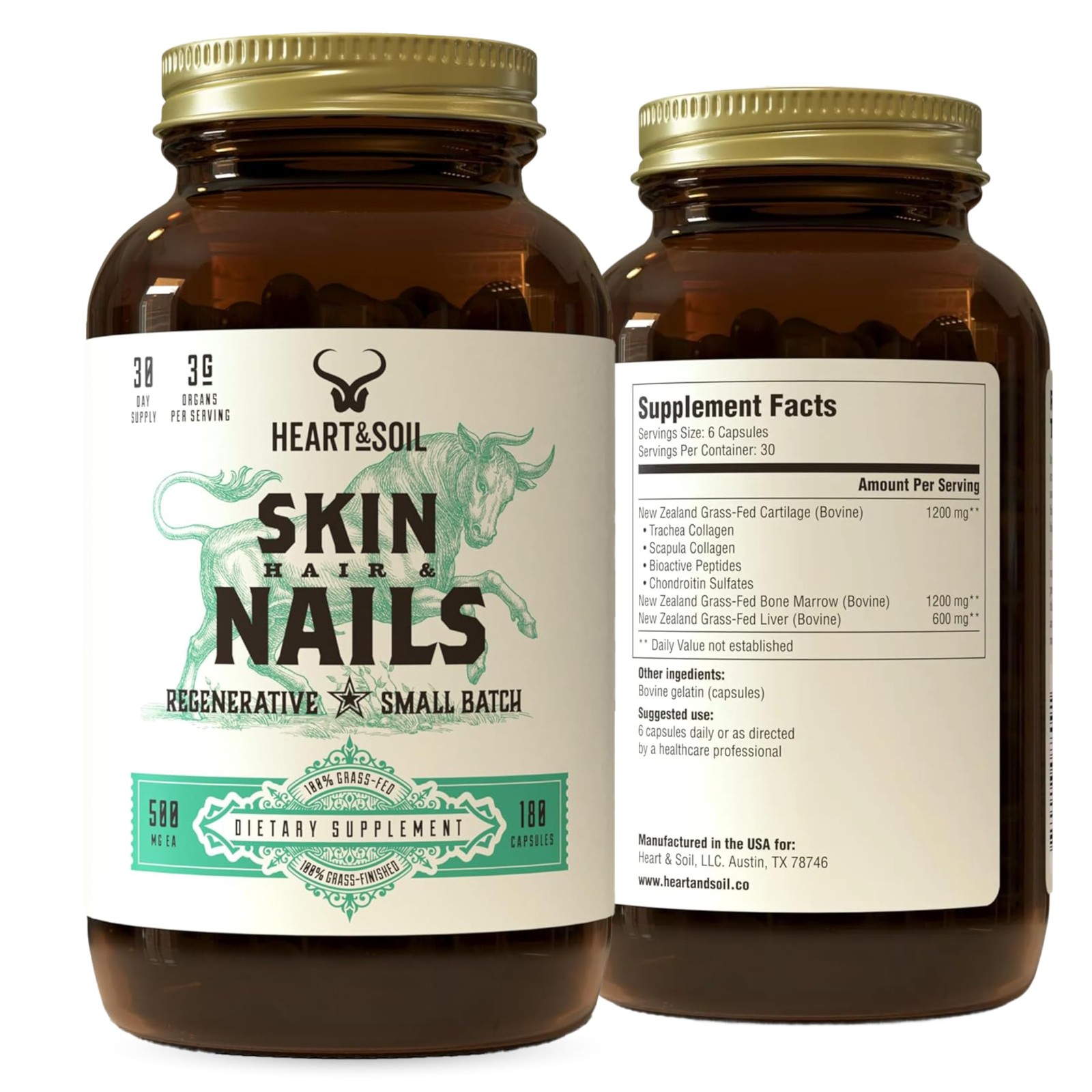 Hair Skin Nails Supplement 3000mg 180 Capsules Grass Fed Beef Organs Heart Soil