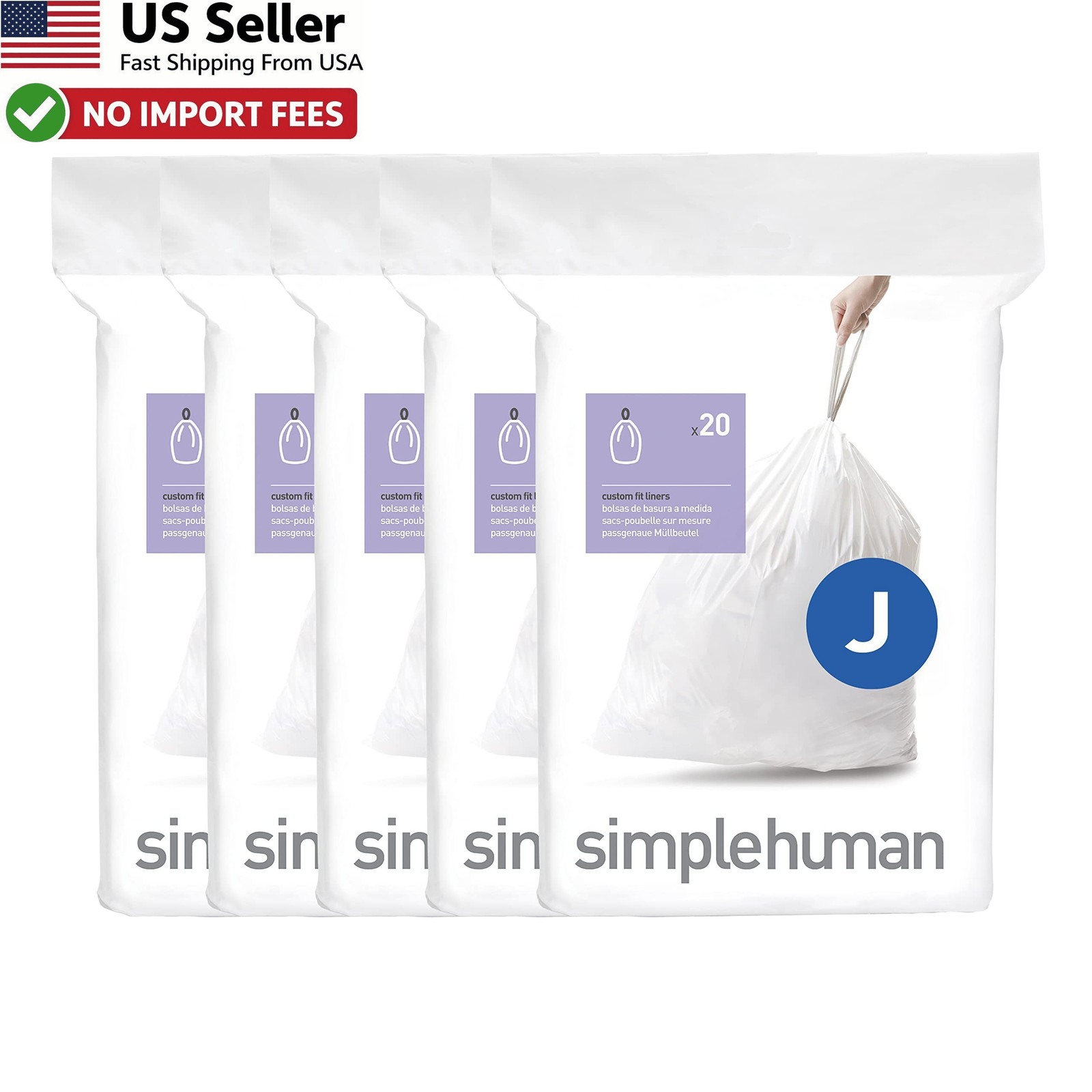 simplehuman Code J Trash Bags 100 Count Custom Fit Liners 38-45L New FROM USA