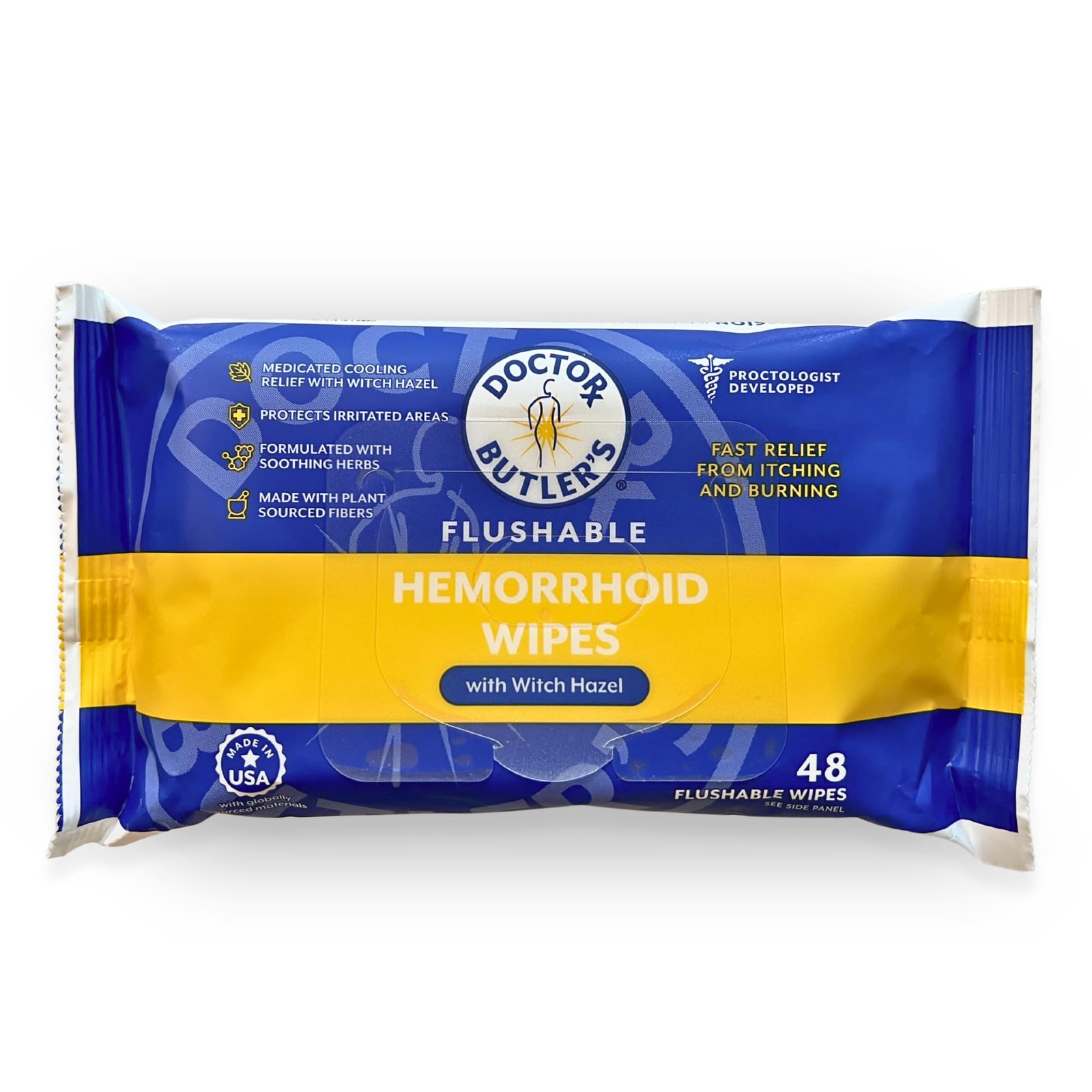 Doctor Butler’s Flushable Hemorrhoid Wipes – 48 Count (Pack of 1), white