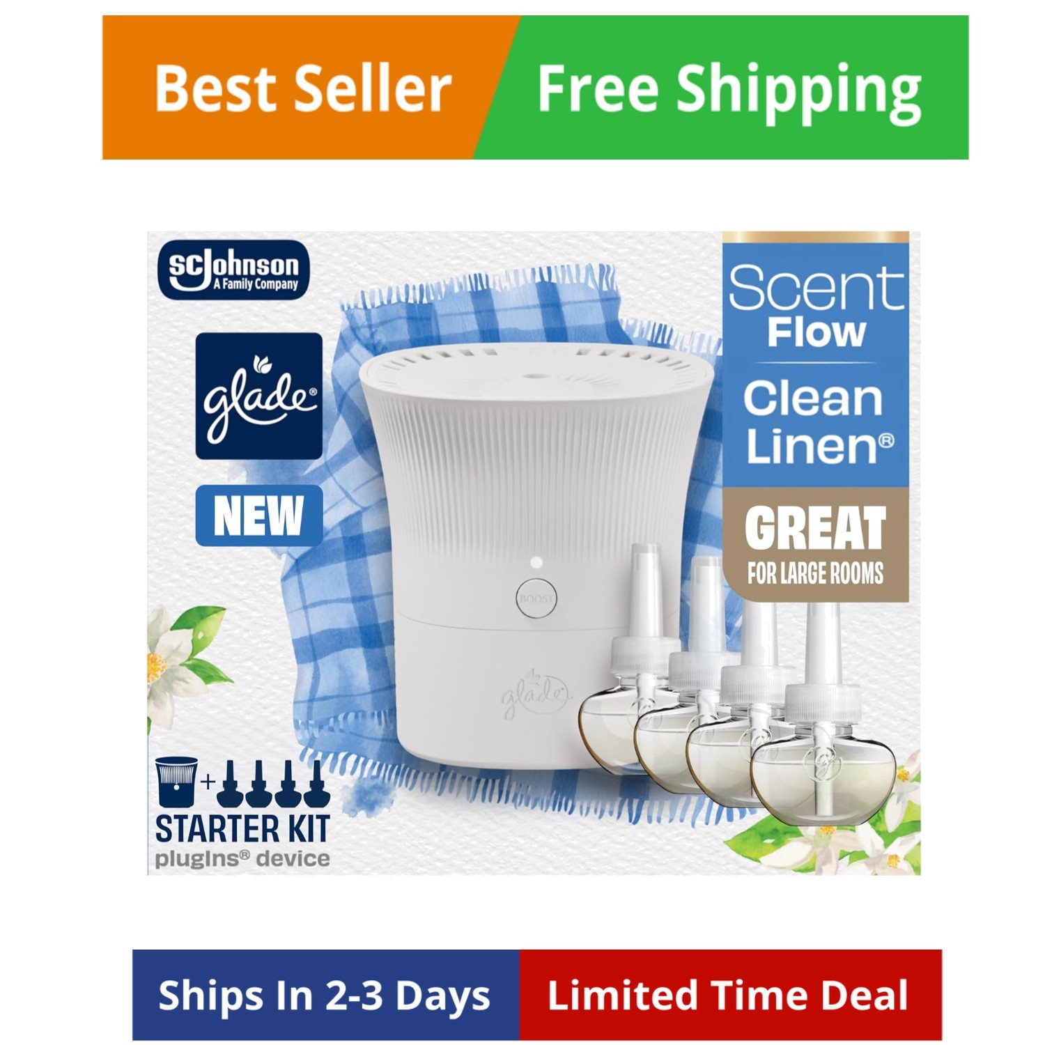 Glade Scent Flow PlugIns Air Freshener 2.61 Fl Oz Pack Clean Linen Device