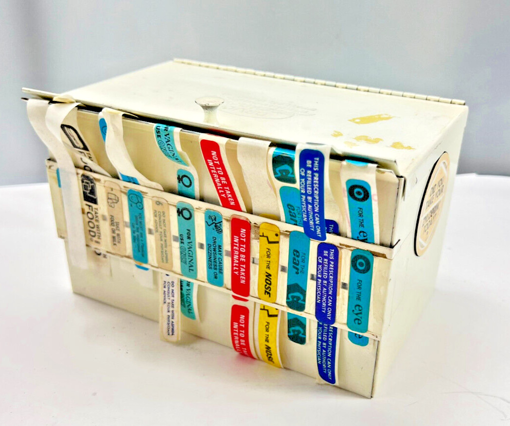 Vtg Pharmacy Apothecary Drug Store Labels Metal Dispenser Holds 12 Rolls Warning