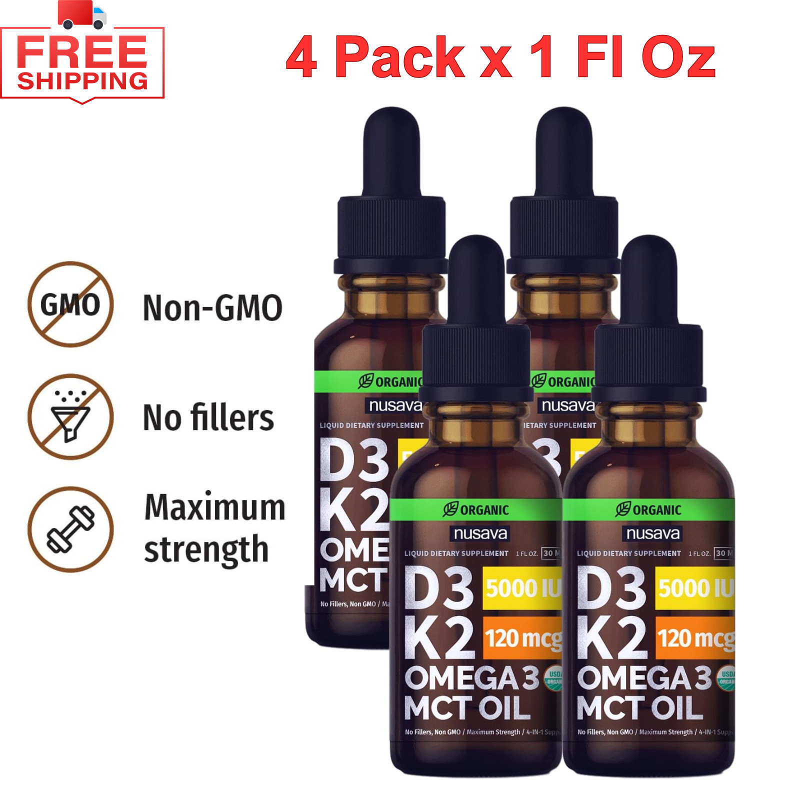4 Pk Organic Vitamin D3 K2 Drops W MCT Oil Omega 3, 5000 IU, No Fillers, 4 Fl Oz