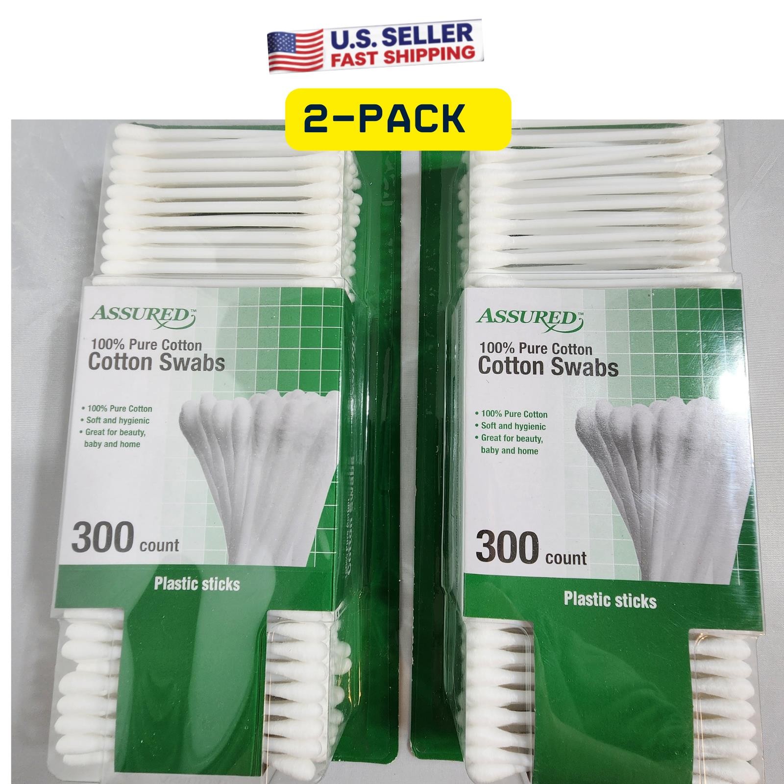 Assured 100% Pure Cotton Swabs 600 Count (2 Pack) Double-Tipped Plastic Sticks