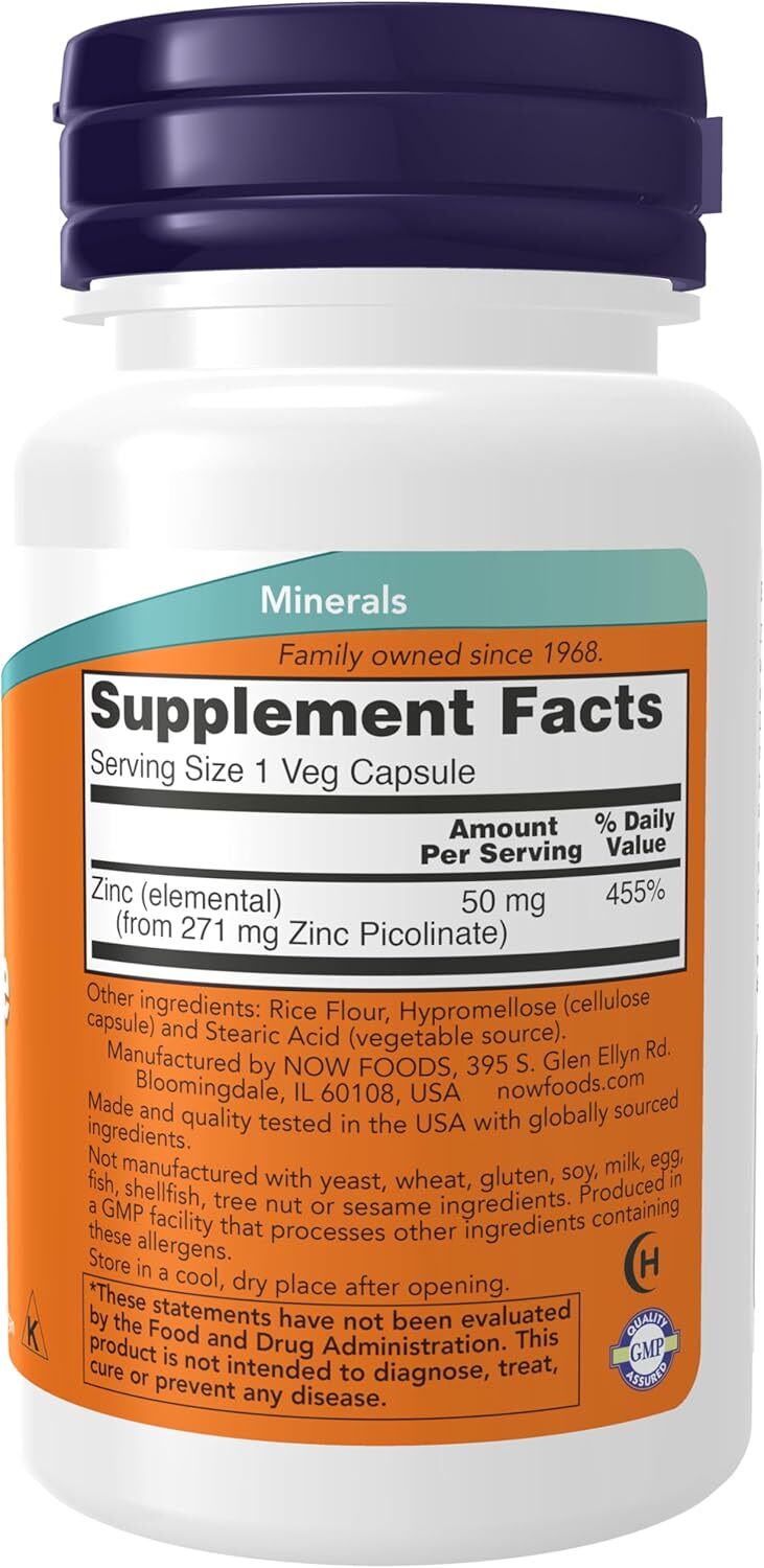 NOW Foods Suplementos, Picolinato de Zinc 50 mg, Apoya las Funciones Enzimática