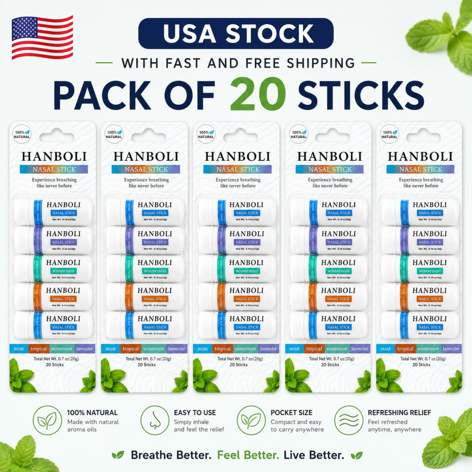 New Nasal Stick Pack OF 20 Enhance Breathing Boost Focus Breathe Vapor HANBOLI8