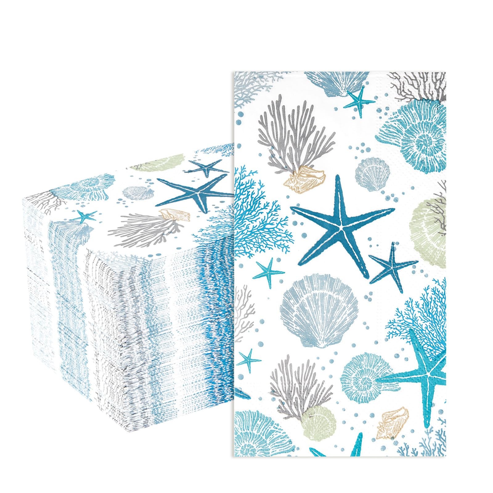 Paper Napkins 100 Pcs 3 Ply Blue Coastal Beach Starfish Seashell Coral Absorbent