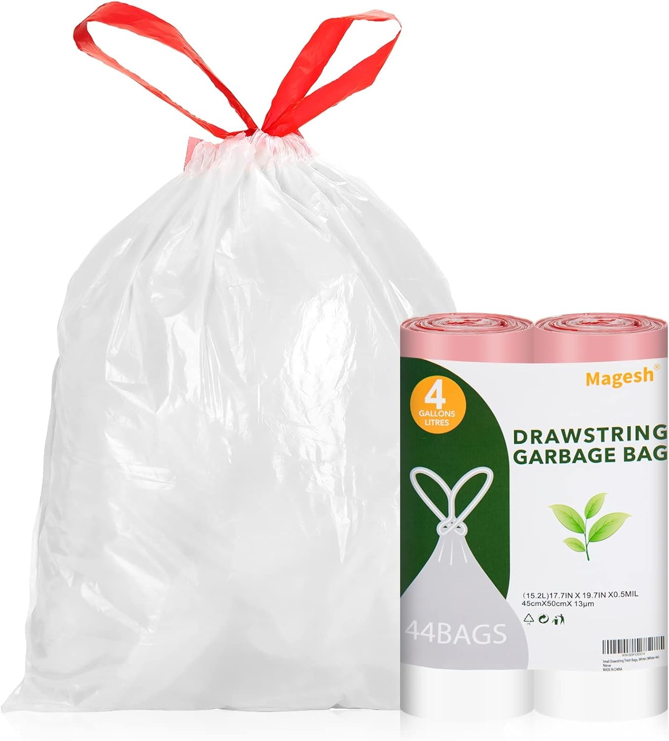 Drawstring Small Trash Bags, Magesh 4 Gallon 1 Count (Pack of 44), White