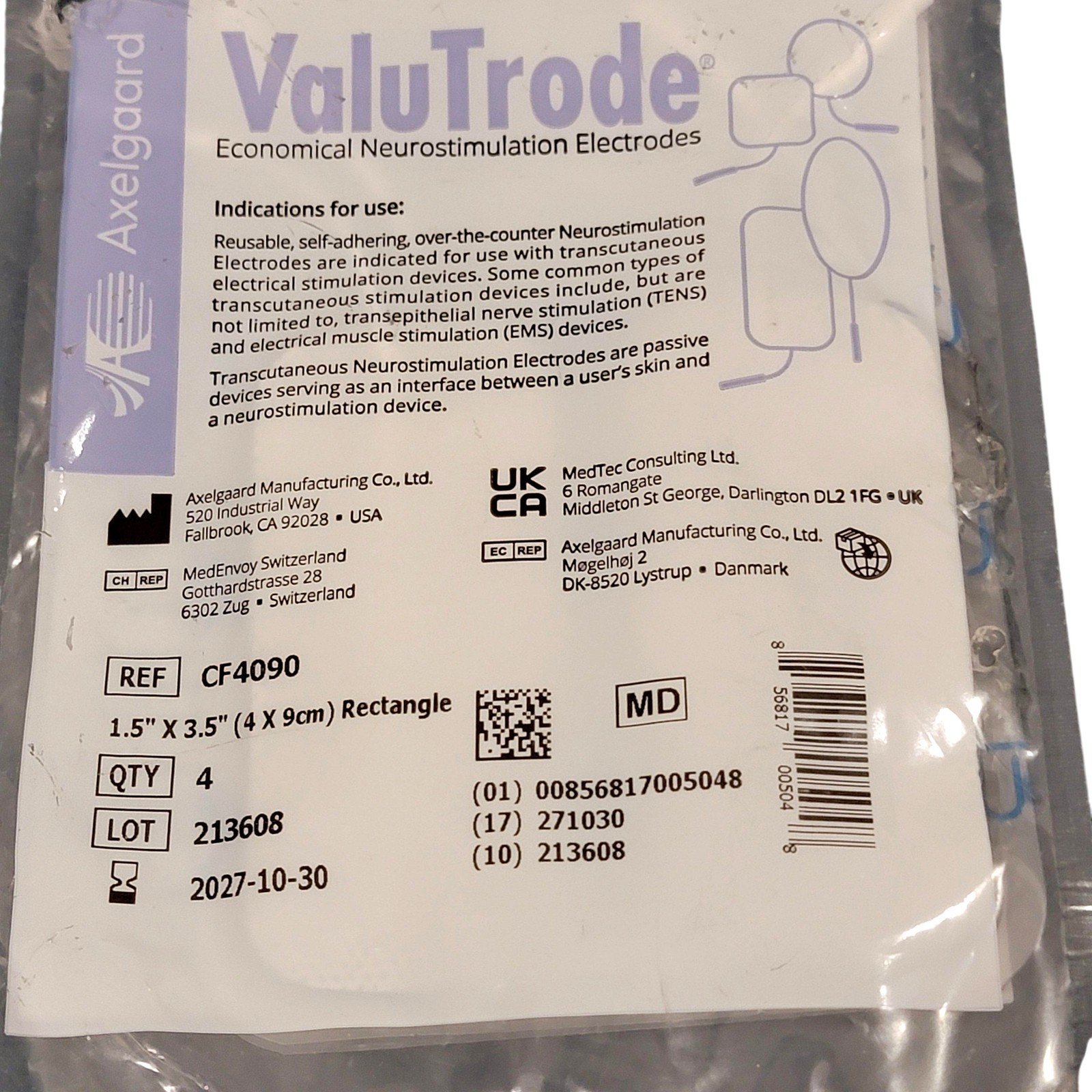 Axelgaard ValuTrode TENS EMS Electrodes 1.5×3.5 Rectangle 4 Pack CF4090 Pads