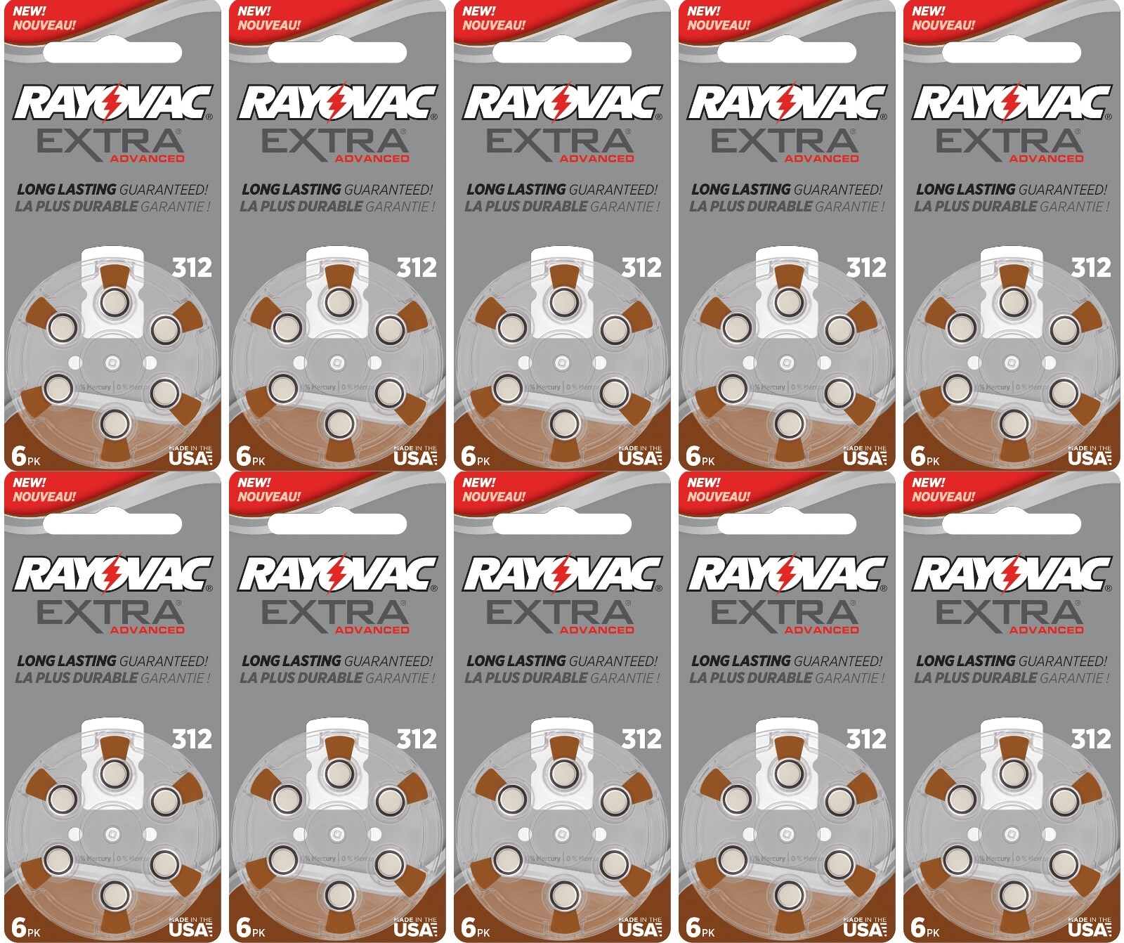 Rayovac Extra Size 312, 60 Hearing Aid Batteries, Made in the USA w/ Battery
