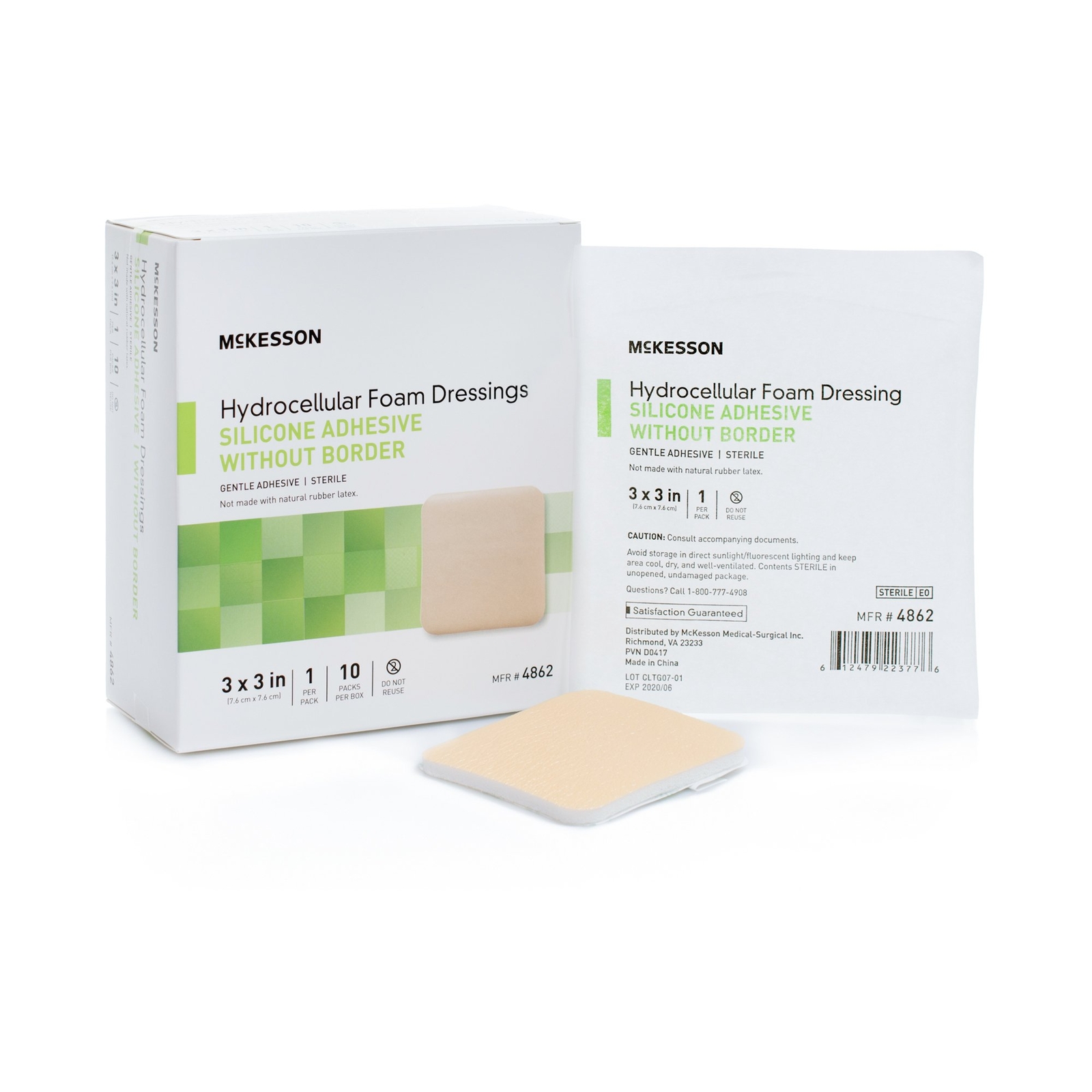 McKesson Foam Dressing 3 x 3″ Square No Border Film Backing 4862 10 per Box