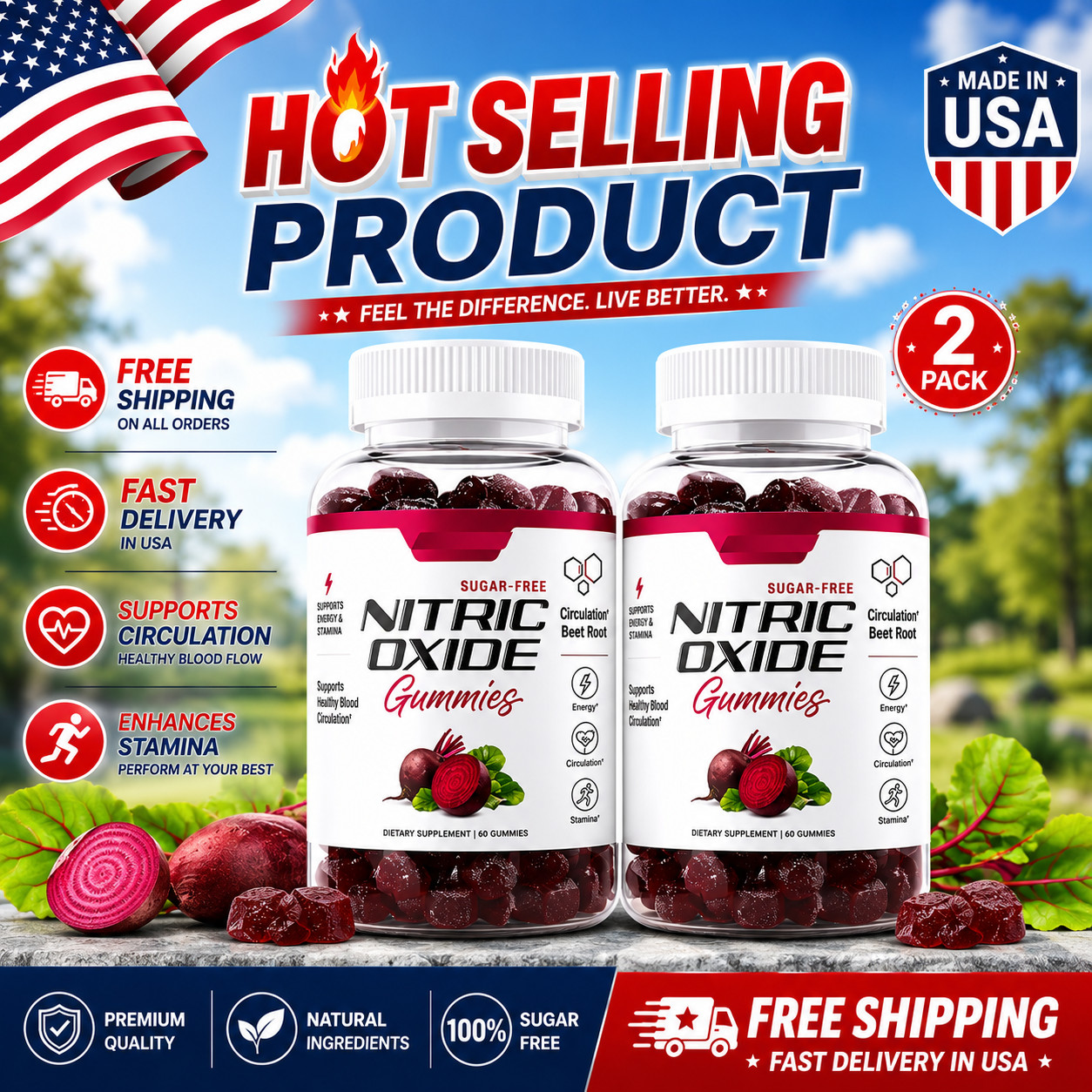 PACK OF 2 Nitric Oxide Beet Root Gummies SF Heart Health, Cherry & Peach