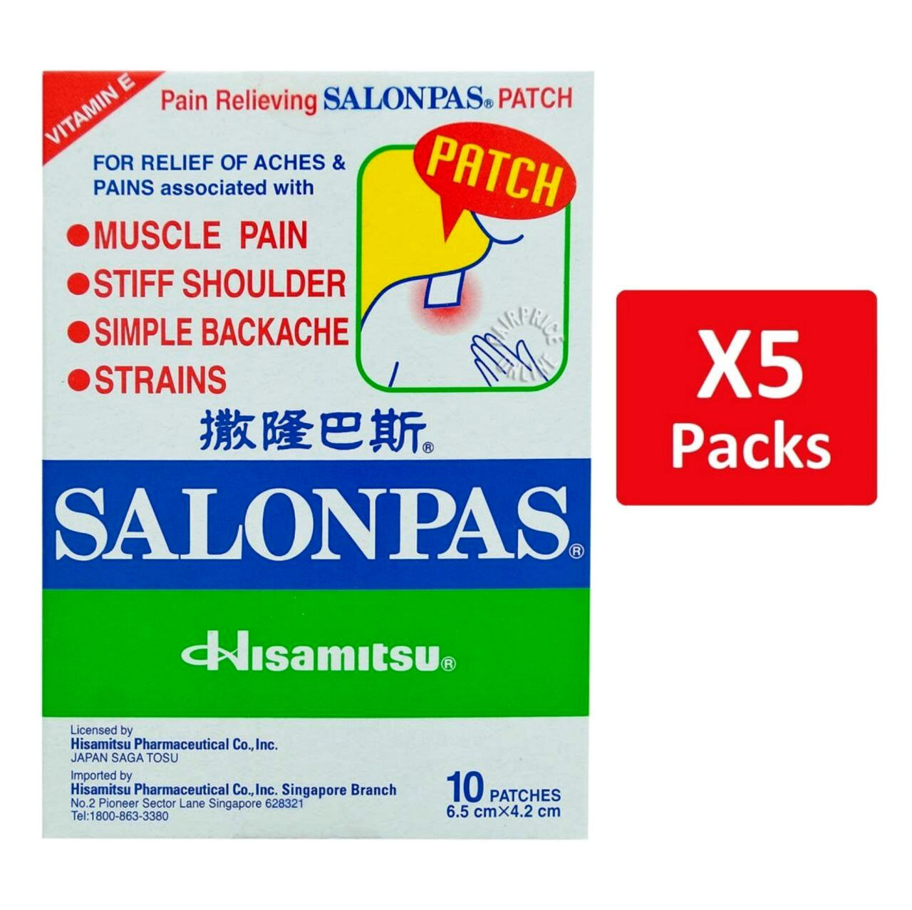 5 Packs of HISAMITSU Pain Relieving Salonpas Patch (6.5cm X 4.2cm) 10 Patches