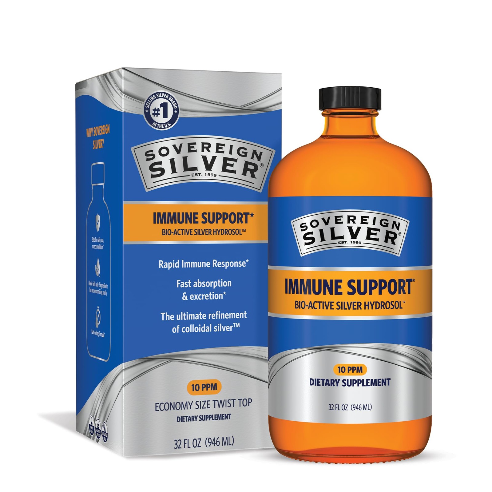 Colloidal Silver Immune Support 10 ppm 32 Fl Oz Sovereign Bio-Active Hydrosol