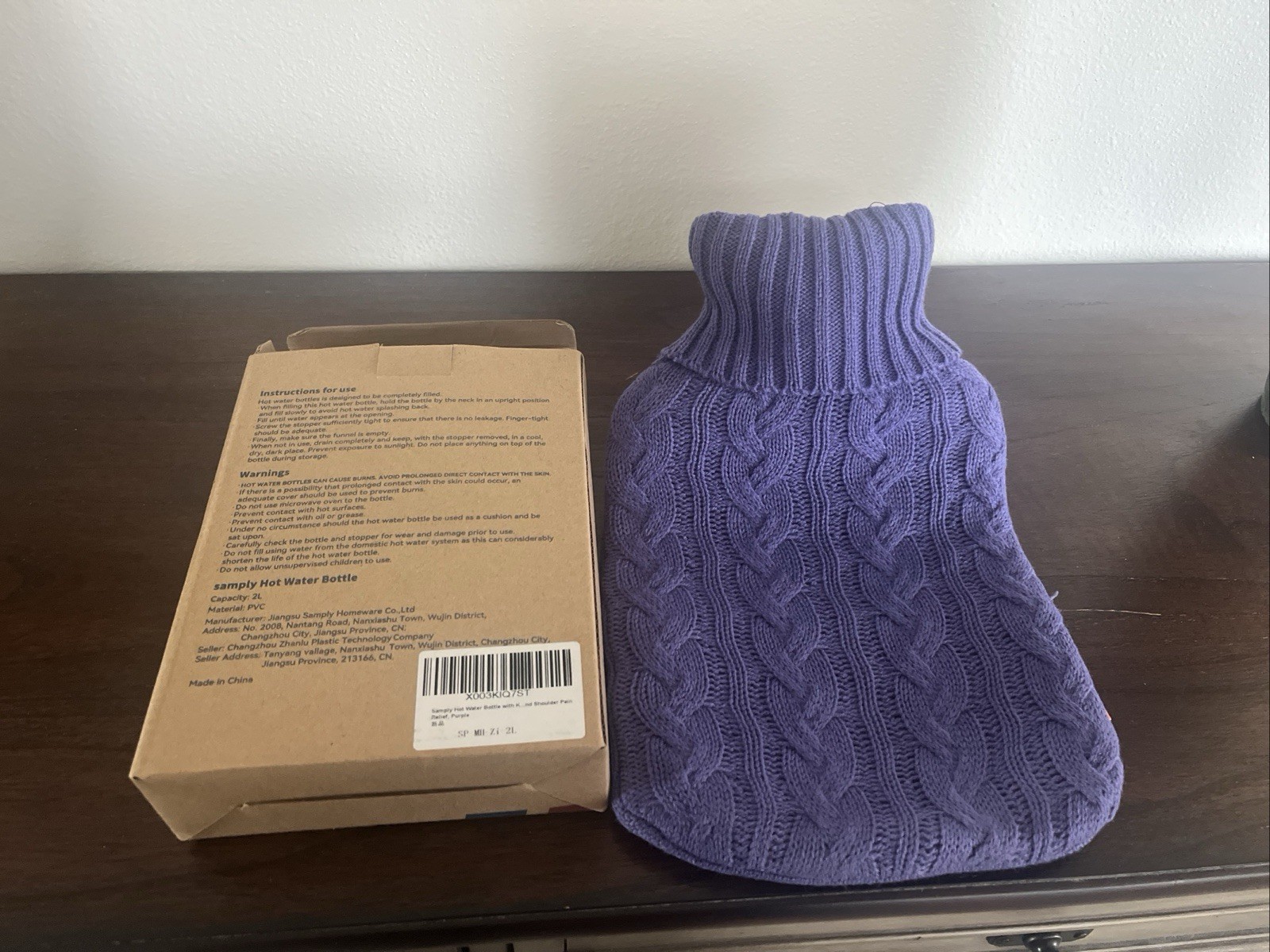 SAMPLY Hot Water Bottle with Knitted Cover Purple NEW in Box