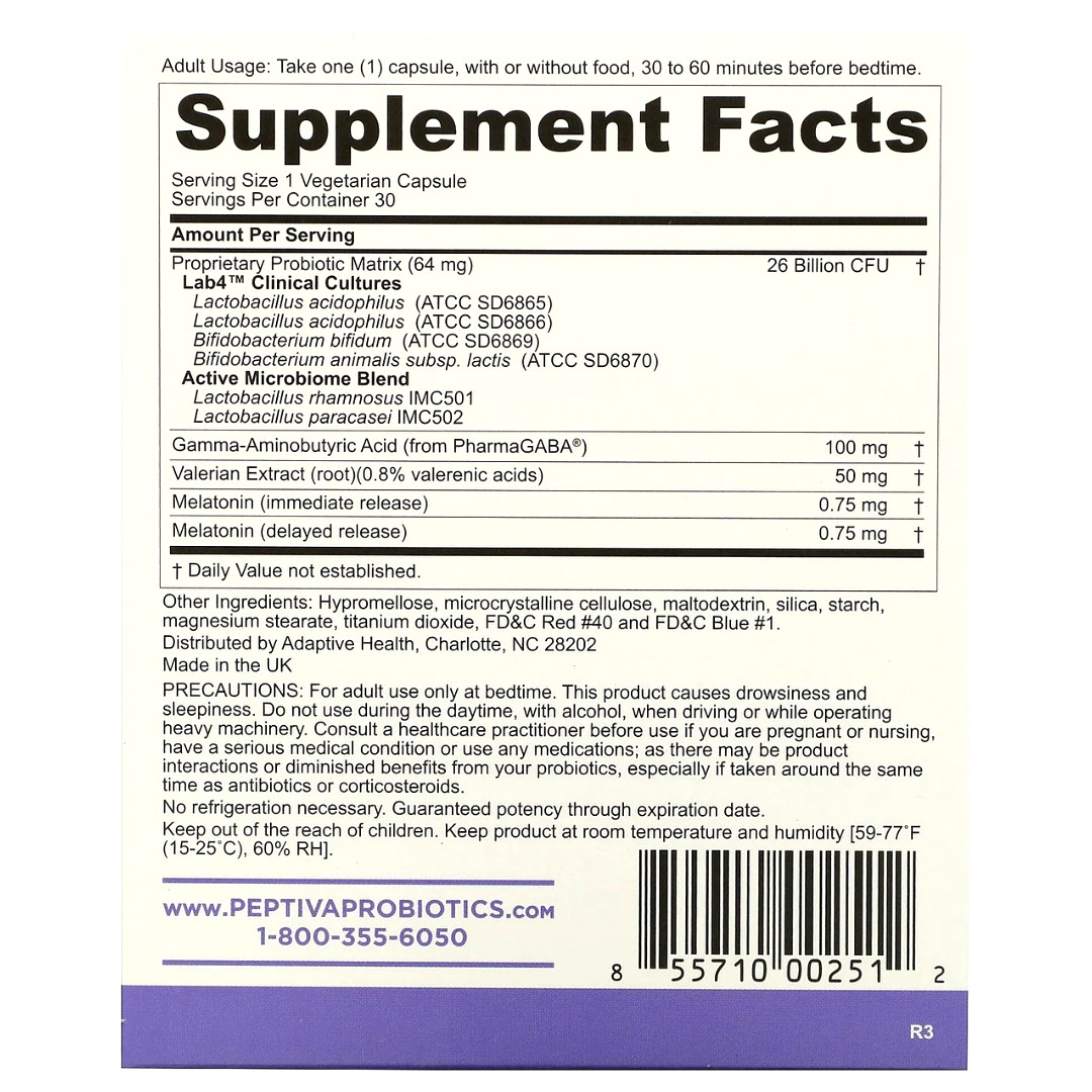 Peptiva 26B CFU Probiotic + Sleep Support Melatonin Multi-Strain 30 Caps