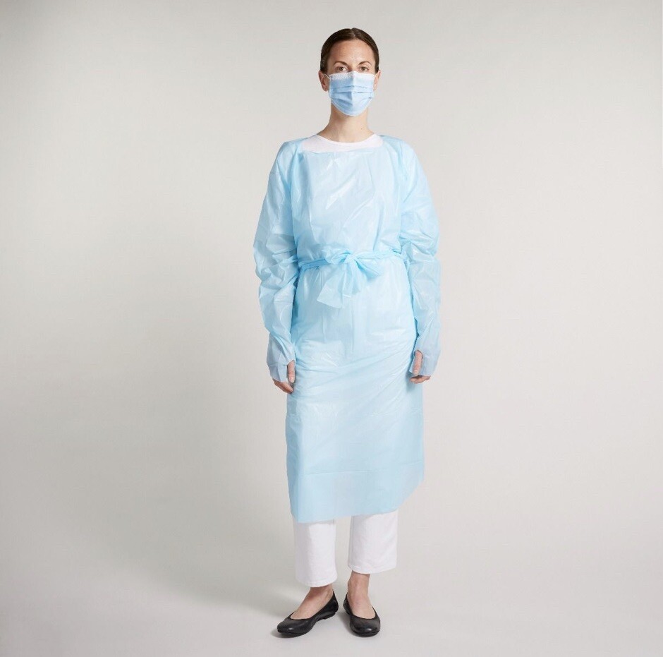 Disposable CPE Gown, Open Back, Thumb Loop, Blue,  one size, 1 pack of 10 gowns 