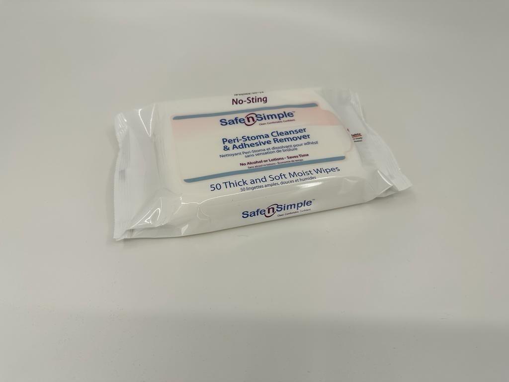 PERI-STOMA CLEANSER & ADHESIVE REMOVER WIPES NO-STING, 50 PER PACK SAFE-N-SIMPLE