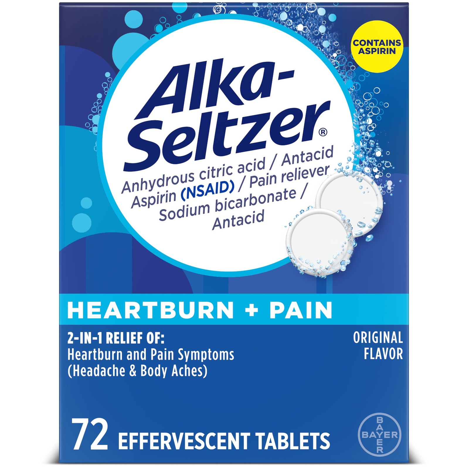 Alka-Seltzer Heartburn + Pain Effervescent Aspirin + Antacid 72 Count, White