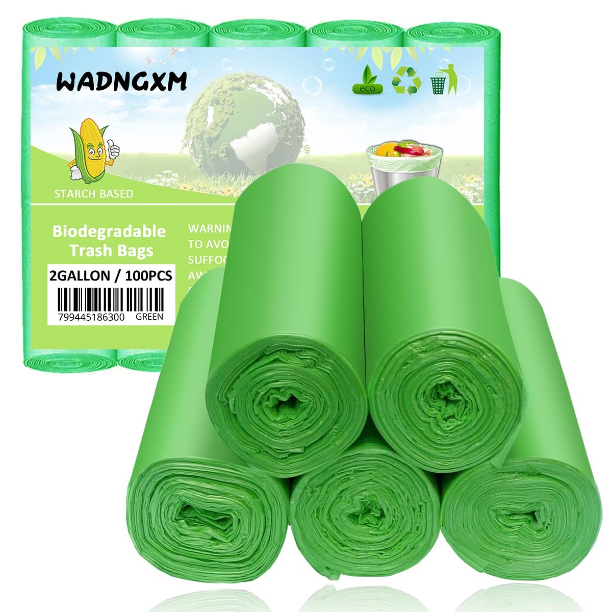 2 Gallon Compostable Trash Bags Small 1 Count (Pack of 100), Green