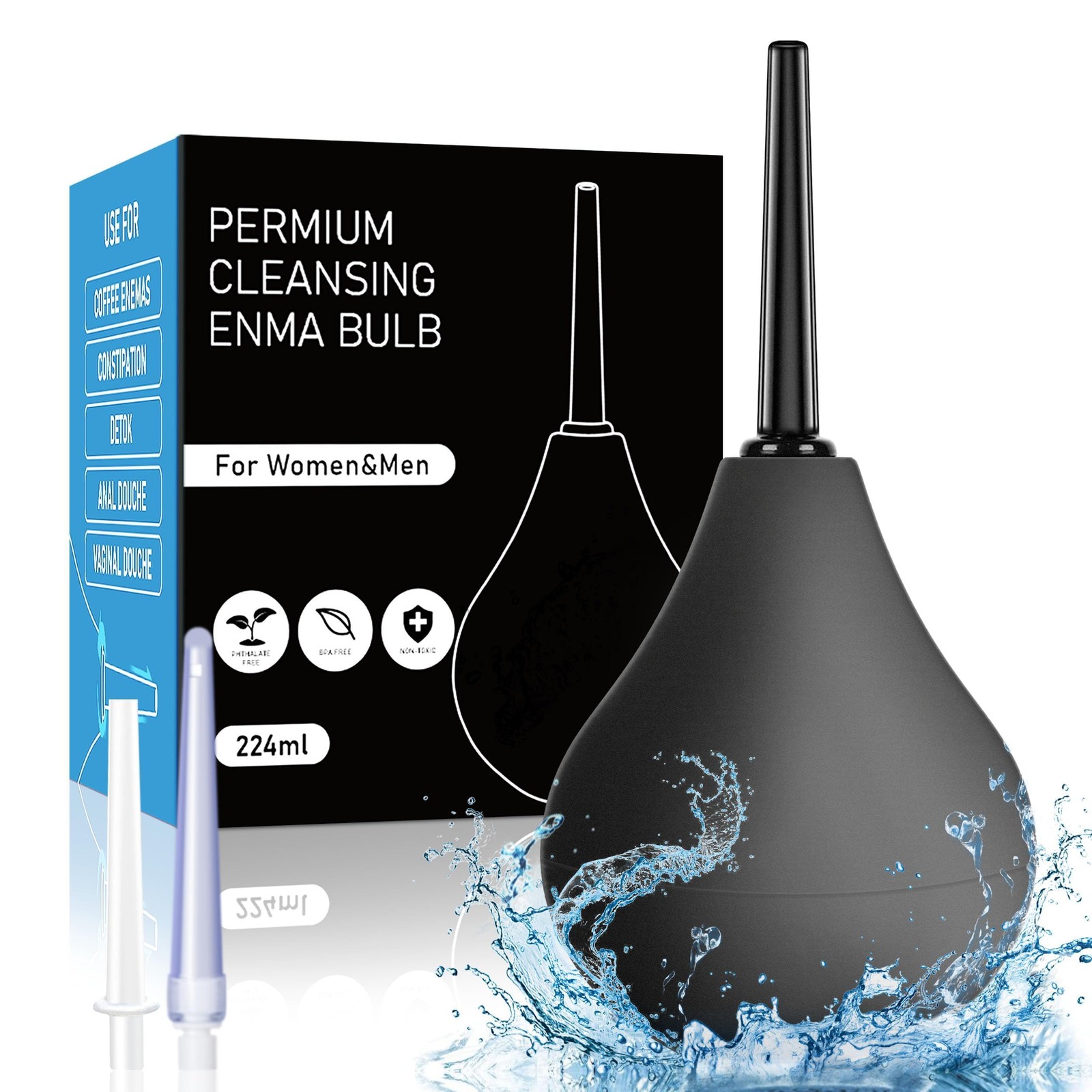 Enema Bulb Anal Douche Kit 8 oz Reusable Cleaner 3 Nozzles Black 3 PCS Set