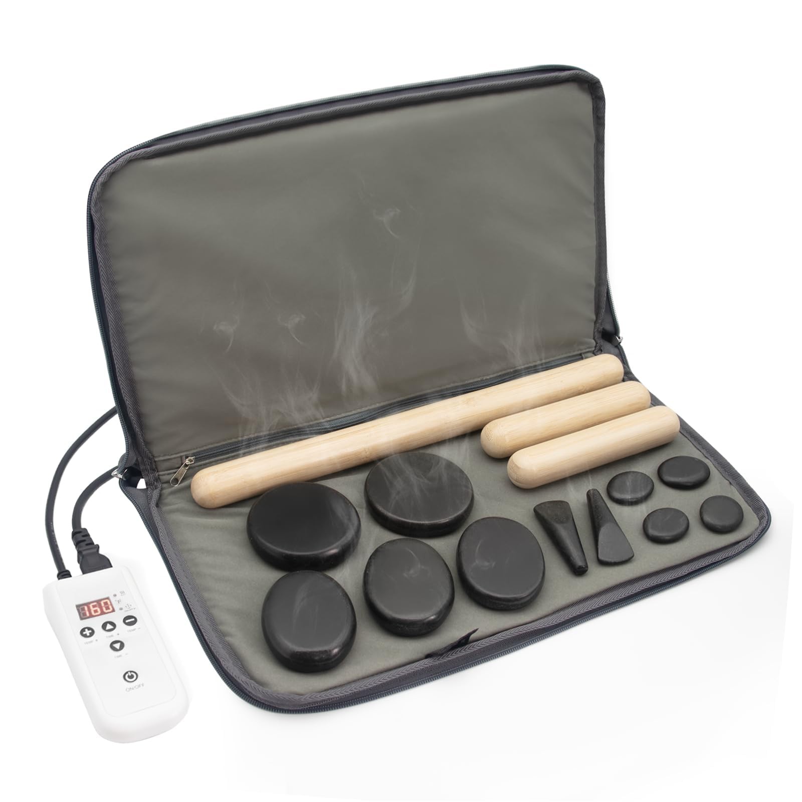 Massage Stones Set 11 Rocks Hot Stone Warmer Kit Temperature Control Gray Bamboo
