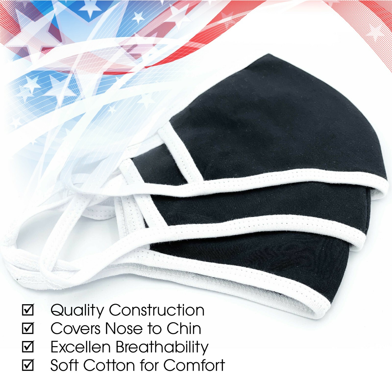 Face Mask Premium Black White Seam Reusable Washable Cotton Mask (Pack of 10)