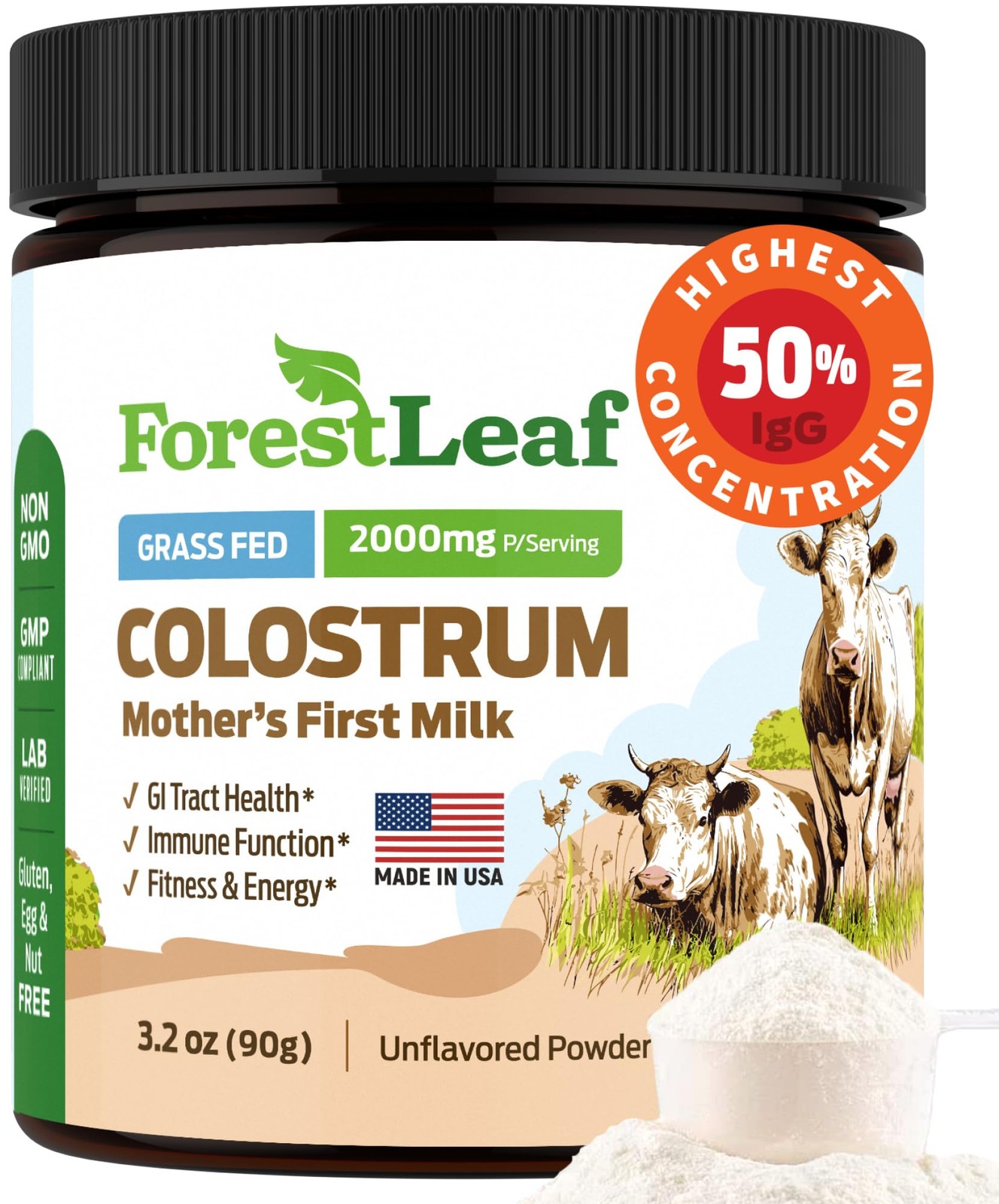 Colostrum Powder 50% IgG Grass Fed Gut Health Immune Support 45 Servings Highest