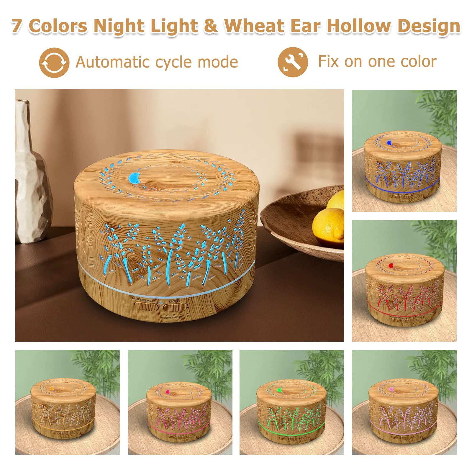 Essential Oil Diffuser 600ml Cool Mist 7 Colors Light Wood QYUS22085 Diffusers
