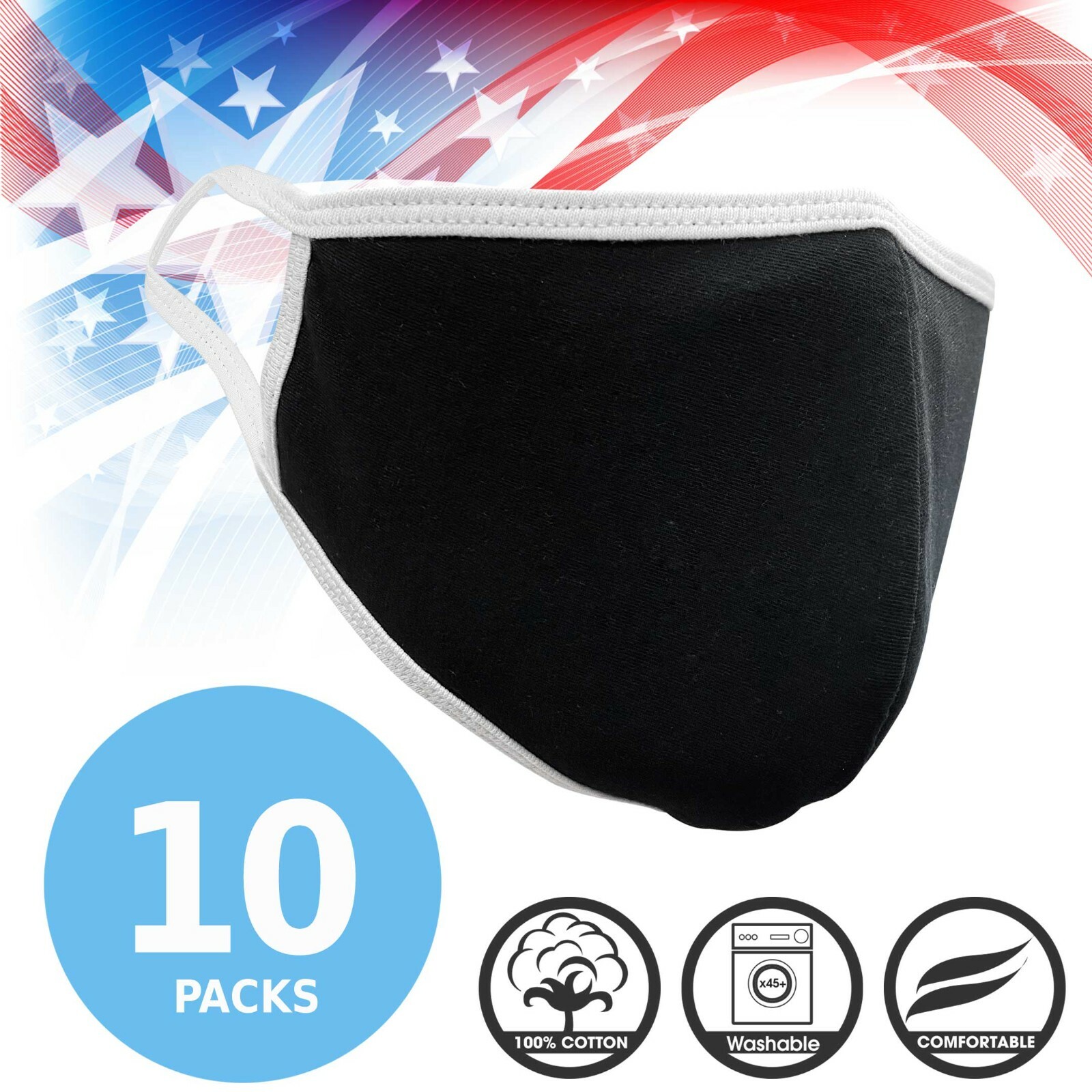 Face Mask Premium Black White Seam Reusable Washable Cotton Mask (Pack of 10)