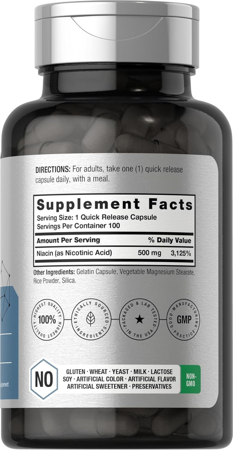 Niacina vitamina B3 500 mg 100 cápsulas con efecto rubor suplemento