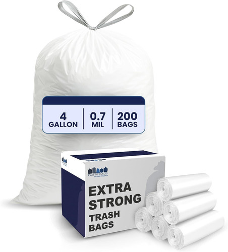 Plasticplace 4 Gallon White Drawstring Trash 200 Count (Pack of 1),
