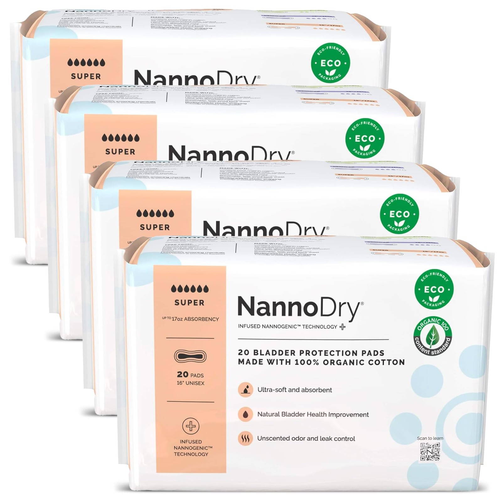 Incontinence Pads Women 4 Pack 80 Count Organic Cotton Breathable NannoDry Leak