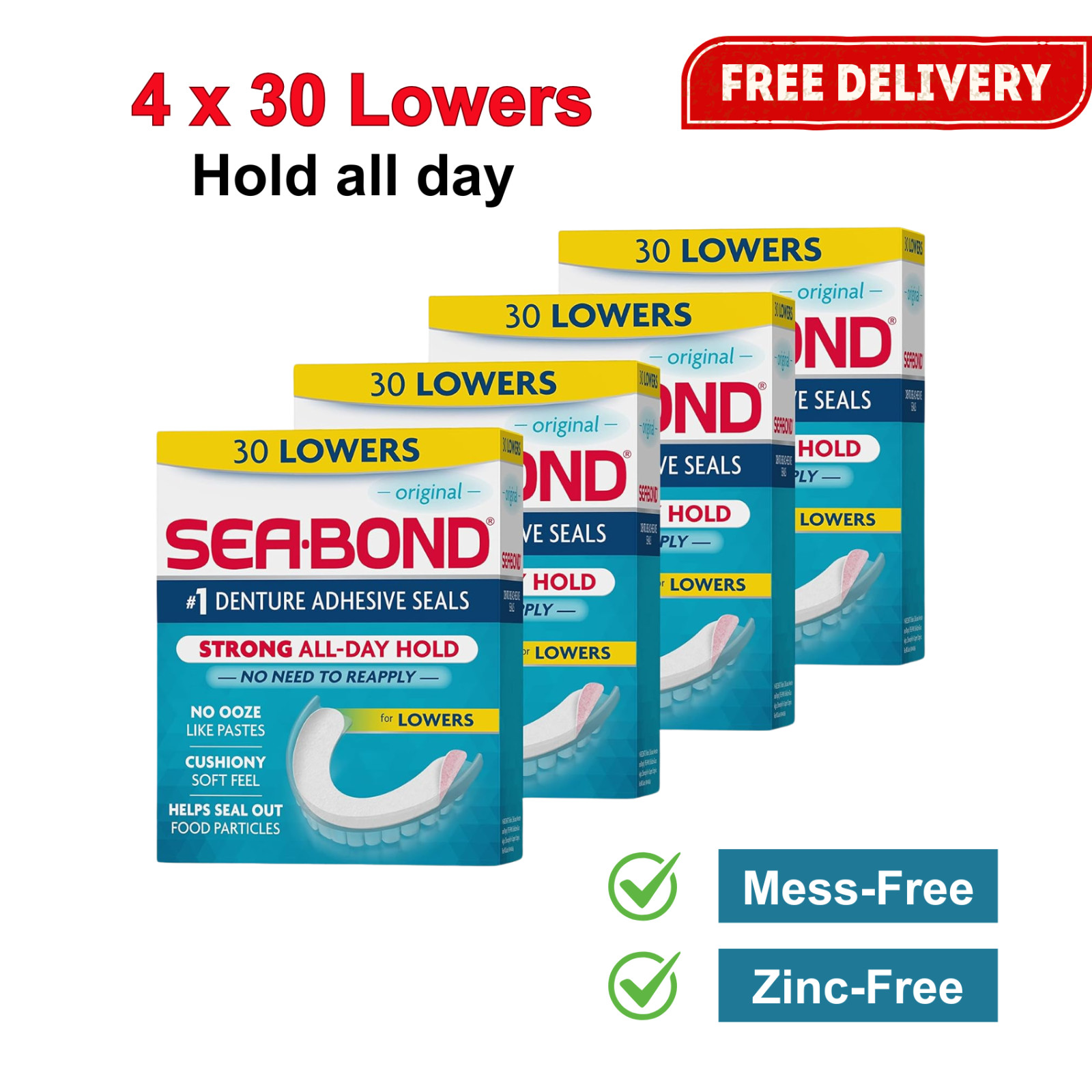 Sea Bond Secure Denture Adhesive Seals, Original Lowers, Zinc-Free, 30 Ct x 4 Pk