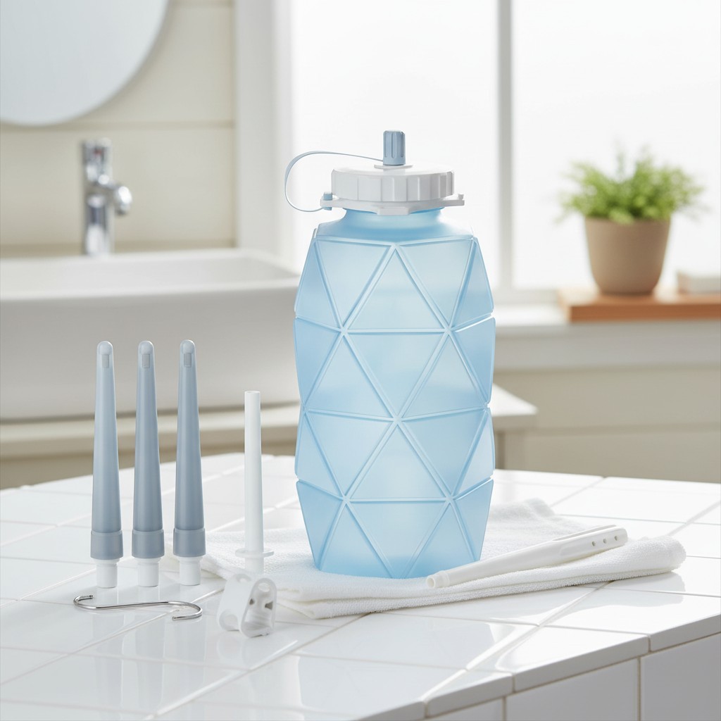 Collapsible Silicone Enema Bag Bottle Kit with 5.3ft Enima Hose, 5 Enema Tips