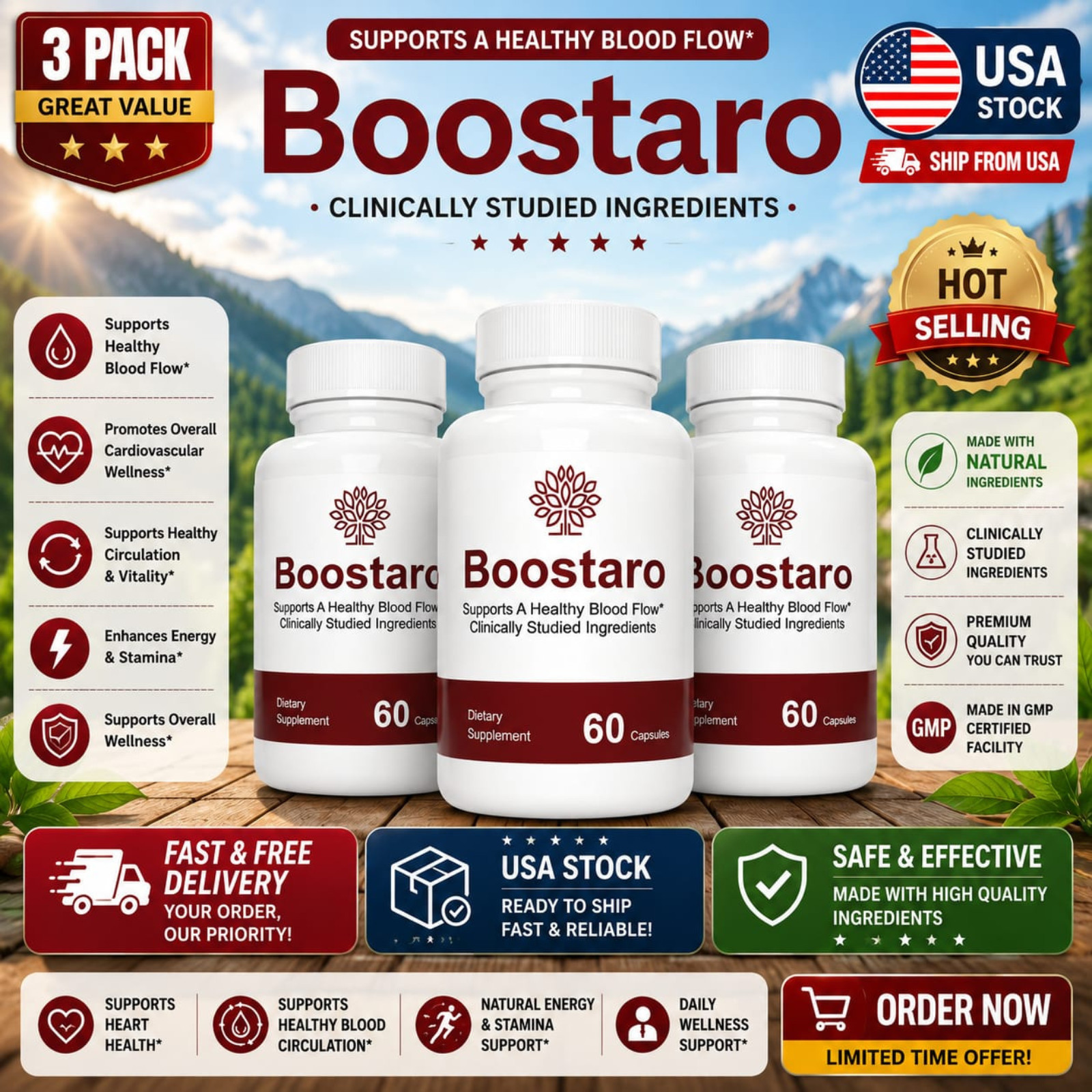 Capsules, Boostaro Blood Flow Support for Men, Max Strength 3 Bottle/180 capsule