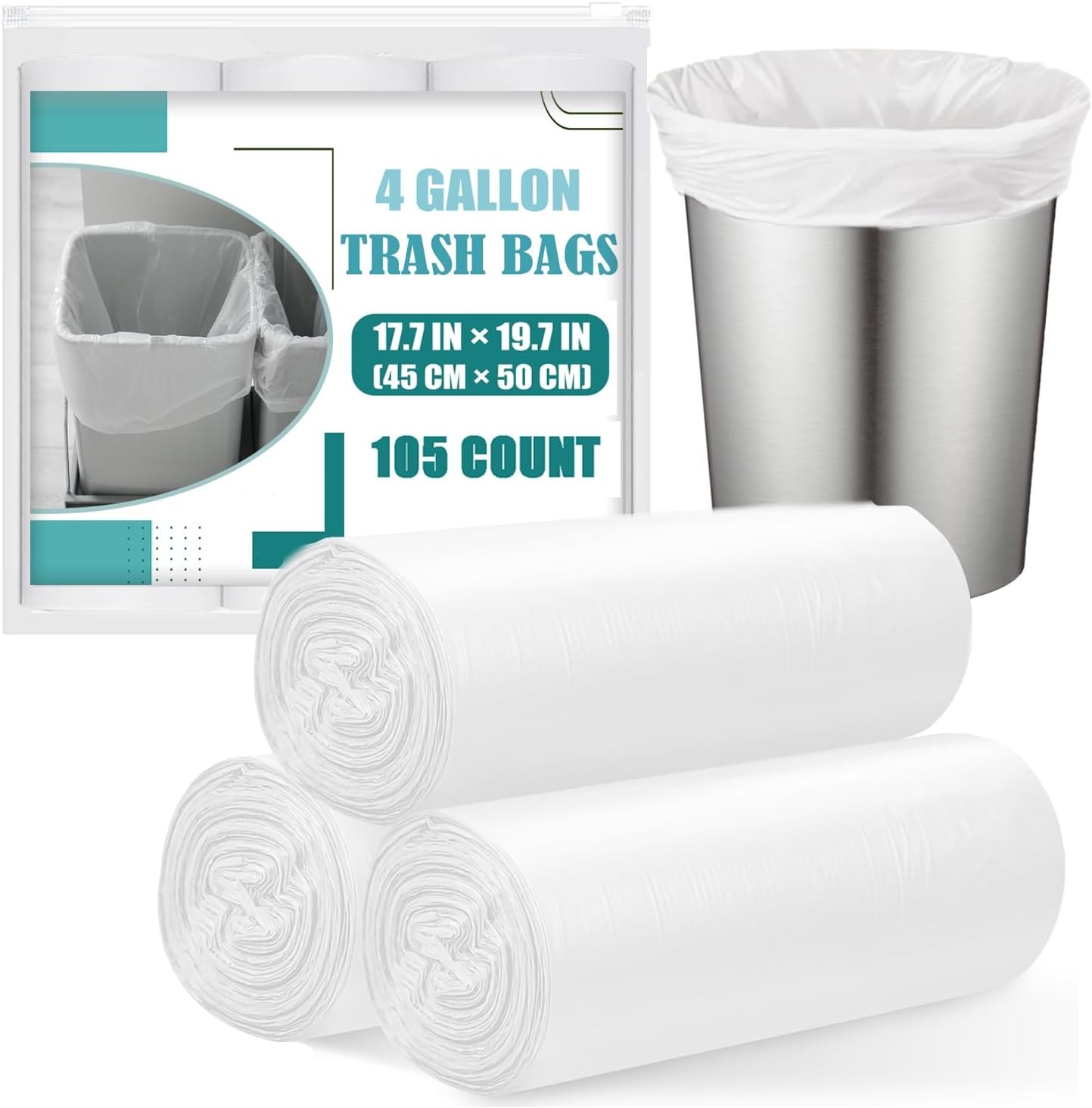 Small Trash Bags 4 Gallon – 105 Count 4 Bag, Unscented White