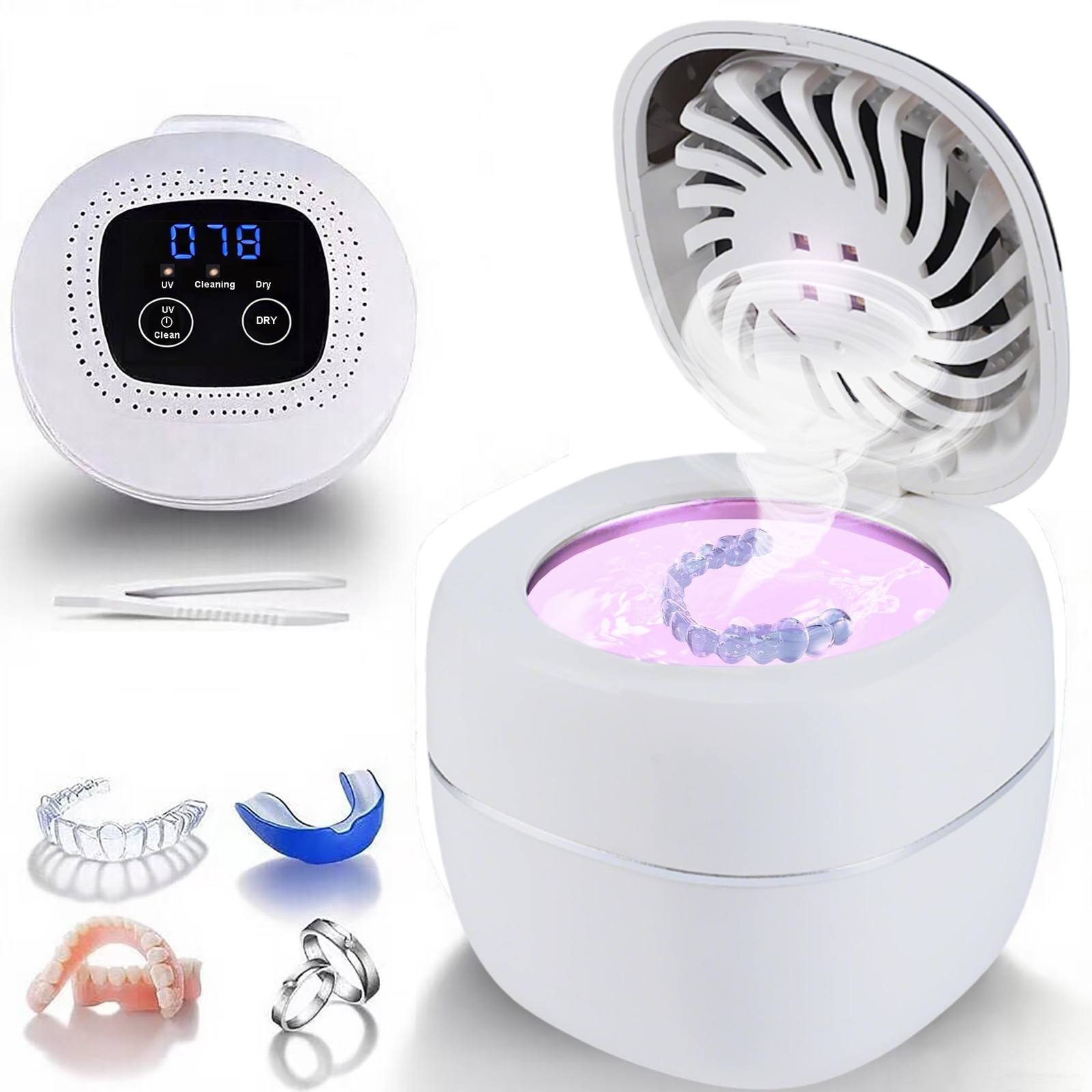 2025 Upgraded Ultrasonic Retainer Cleaner with Dryer Fan, 45kHz UV White
