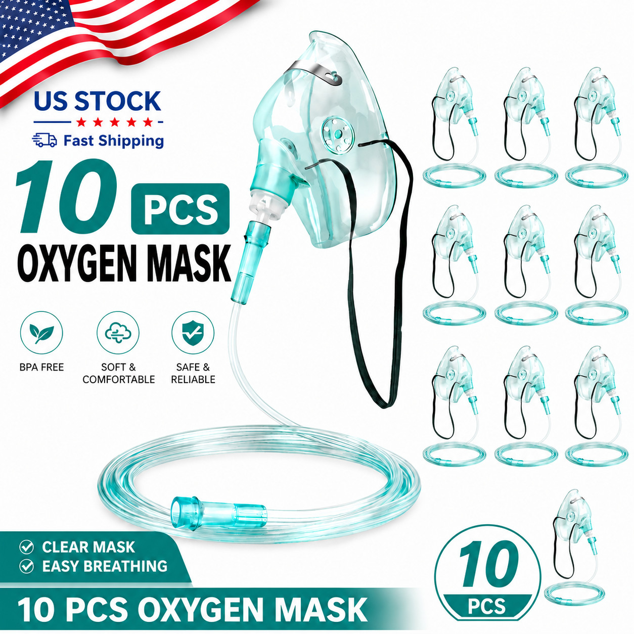 10pcs Oxygen Mask with 6.6 Ft Tubing and Adjustable Elastic Strap, Adult Oxygen